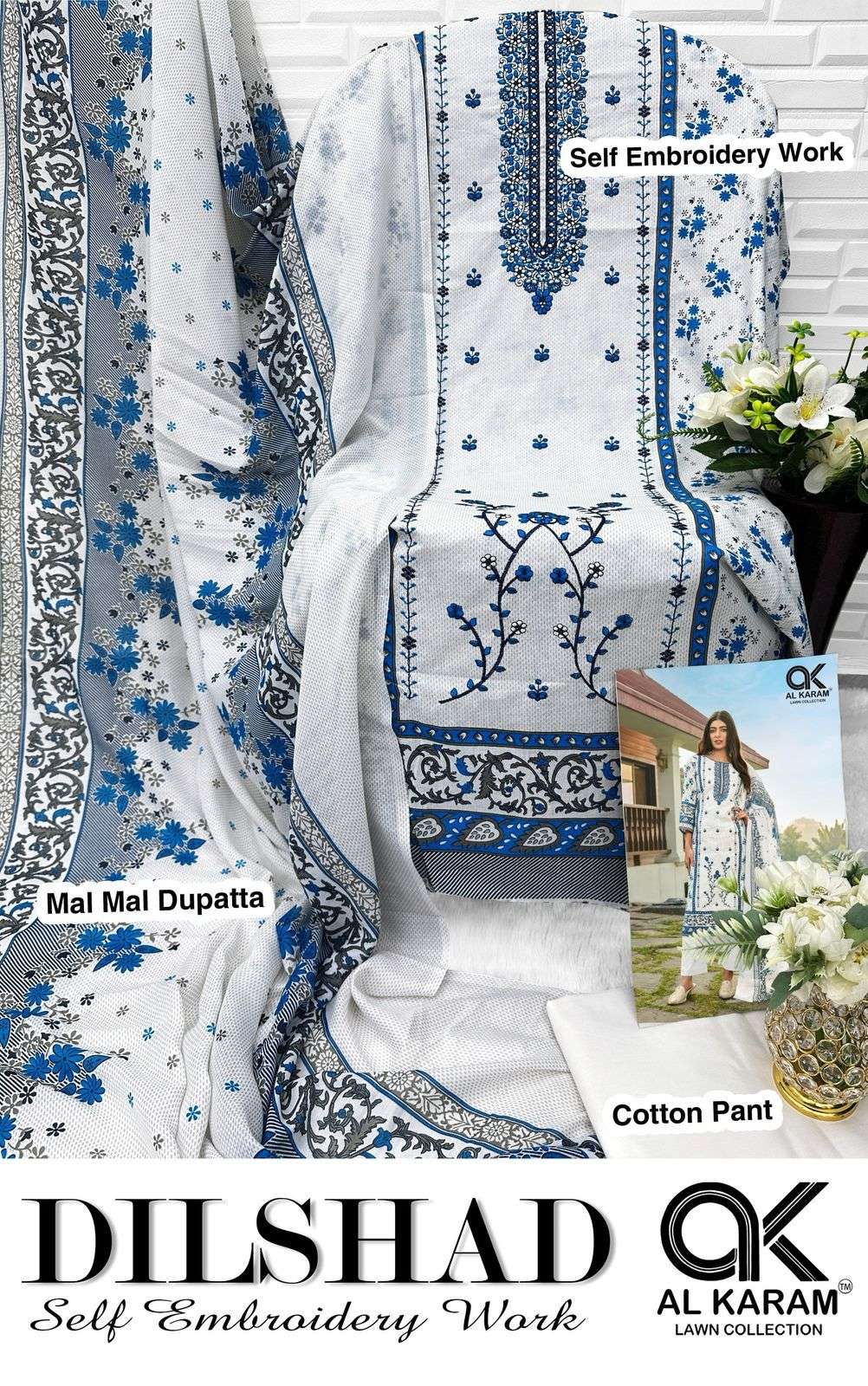 AL KARAM DILSHAD LAWN COTTON FANCY WORK SUIT