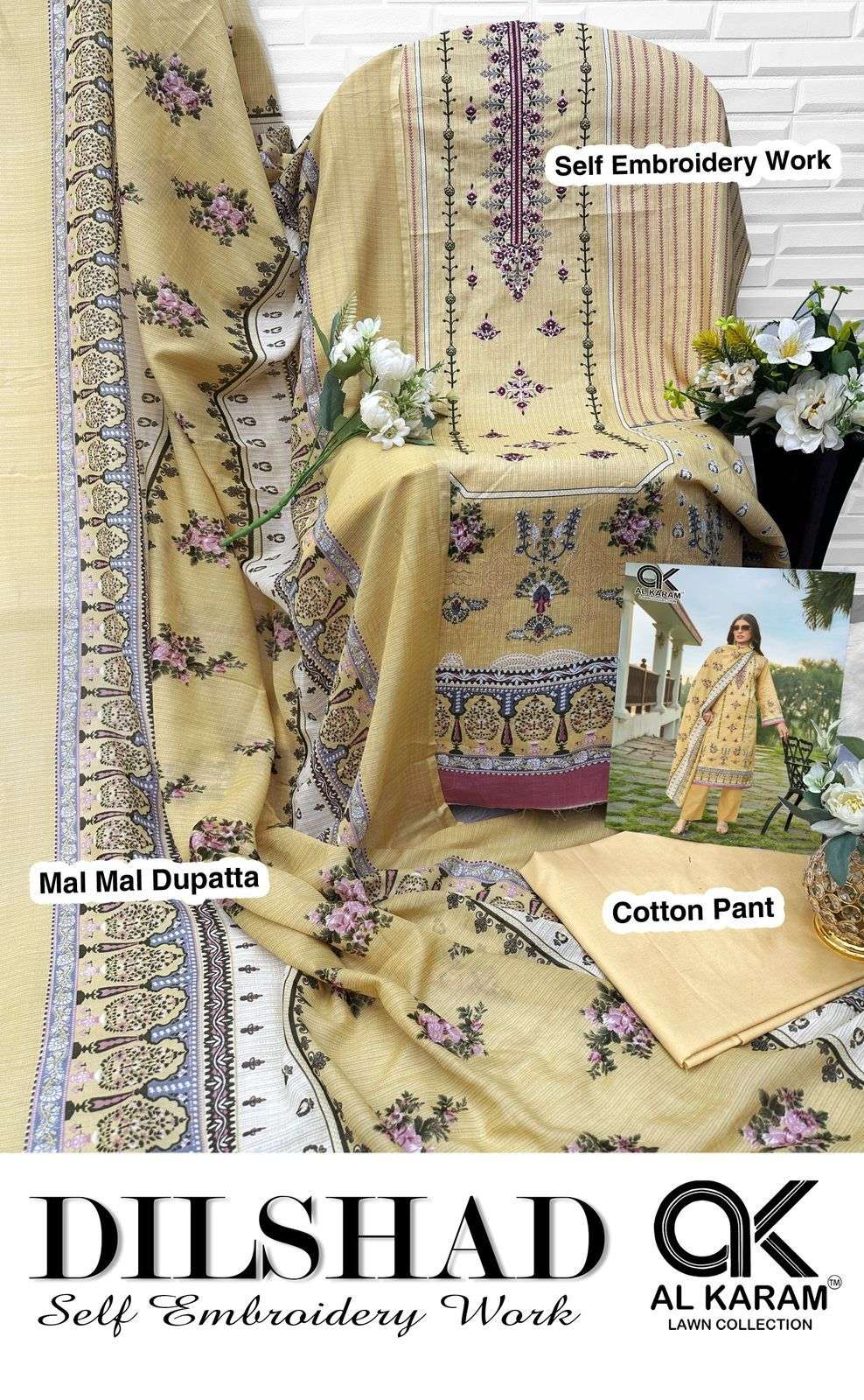 AL KARAM DILSHAD LAWN COTTON FANCY WORK SUIT