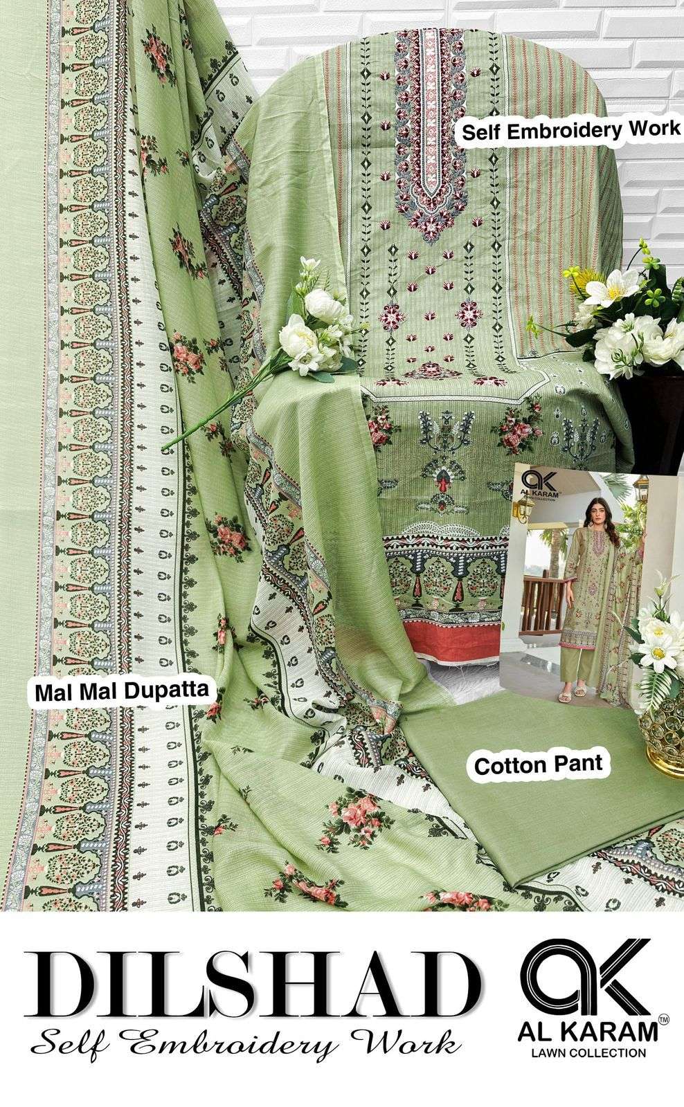 AL KARAM DILSHAD LAWN COTTON FANCY WORK SUIT