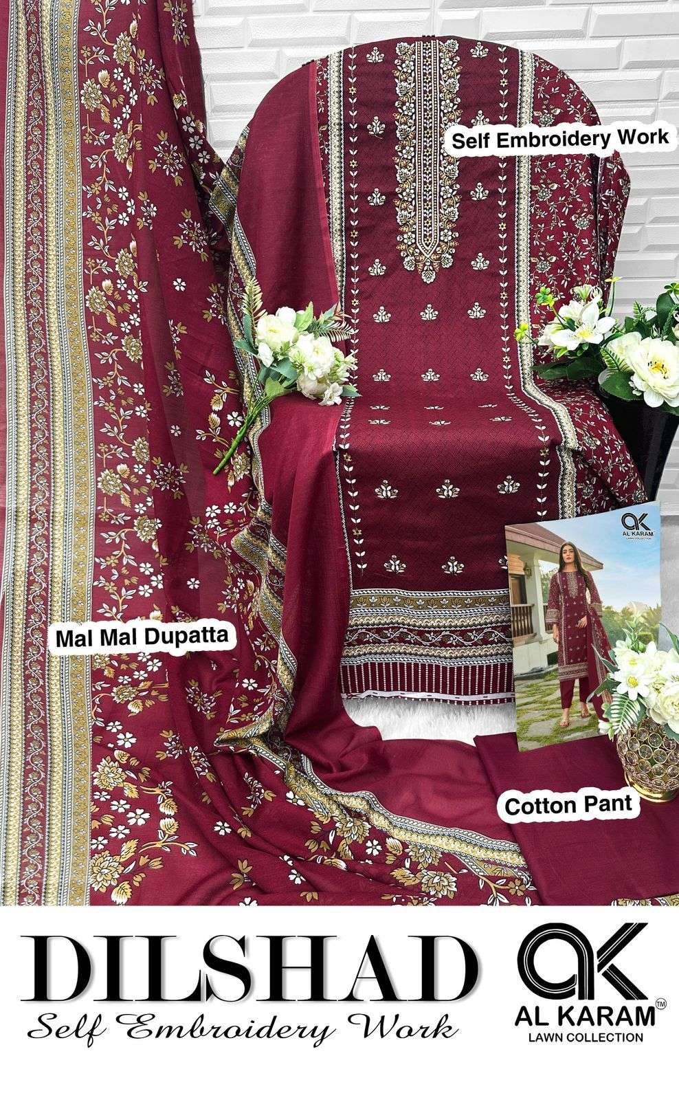AL KARAM DILSHAD LAWN COTTON FANCY WORK SUIT