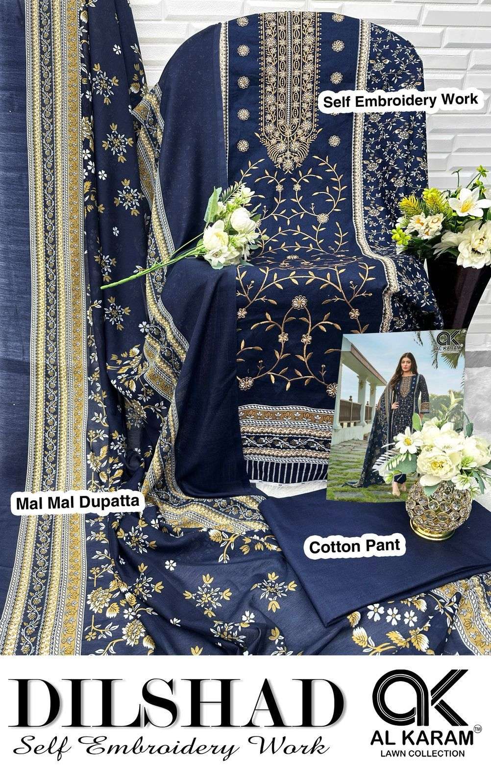 AL KARAM DILSHAD LAWN COTTON FANCY WORK SUIT