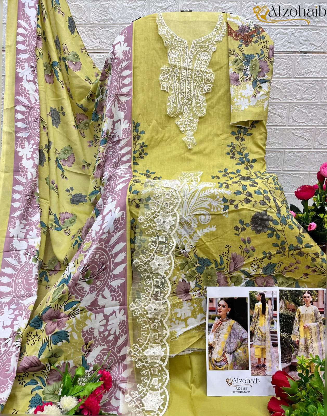 ALZOHAIB DESIGN NO - 1118 PURE COTTON PRINT HEAVY EMBROIDERED PATCH PAKISTANI SALWAR SUIT