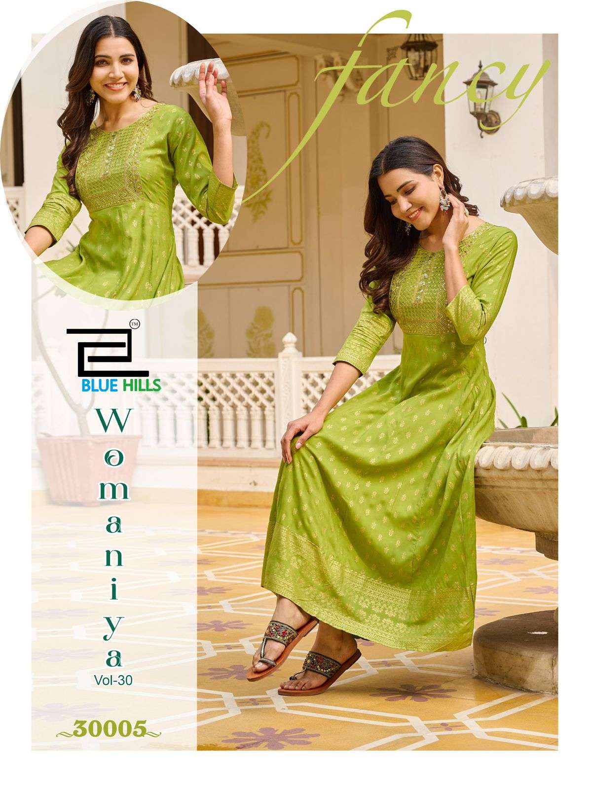 BLUE HILLS WOMANIYA VOL 30 RAYON FOIL PRINT ANARKALI GOWN