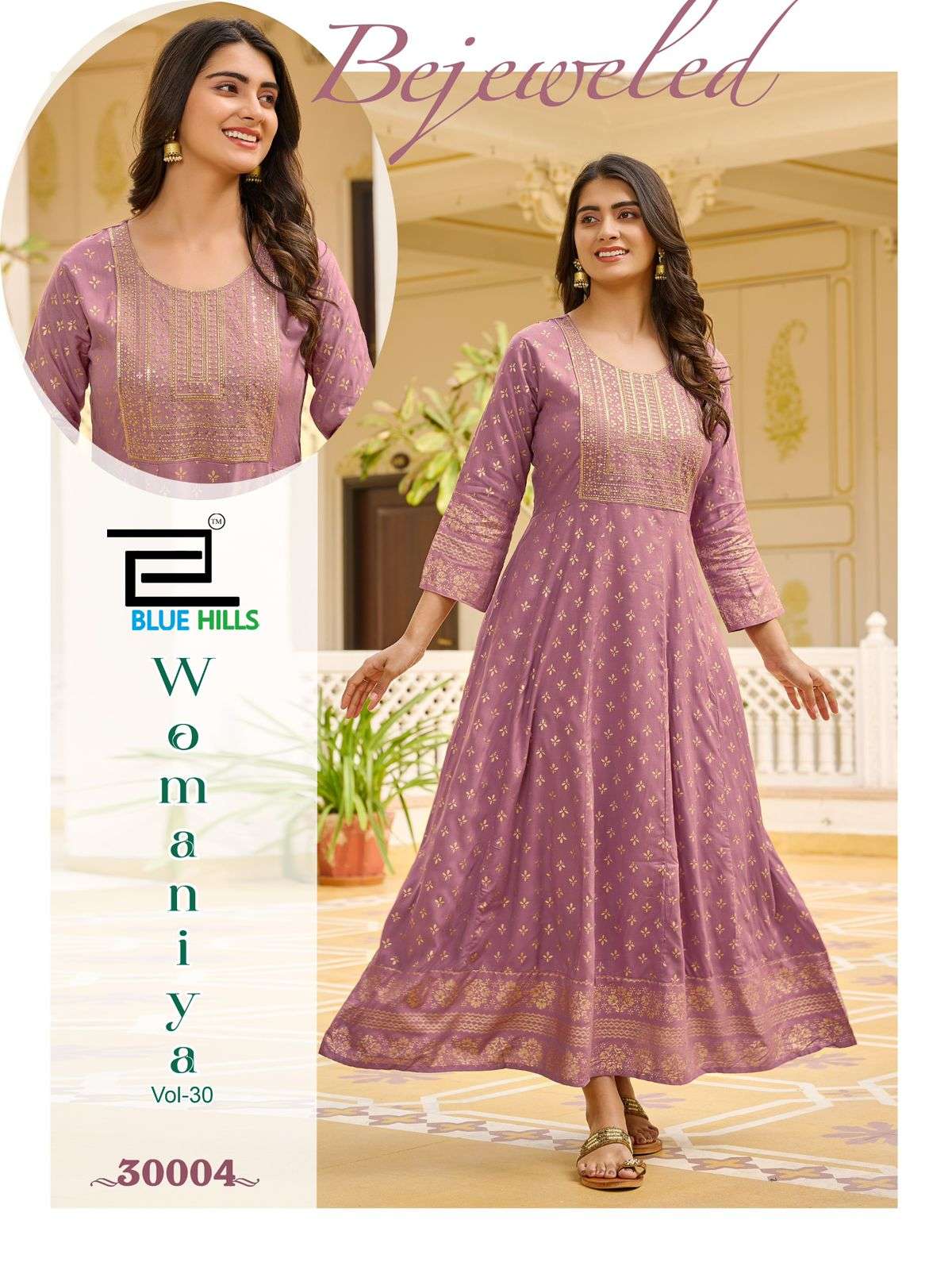 BLUE HILLS WOMANIYA VOL 30 RAYON FOIL PRINT ANARKALI GOWN