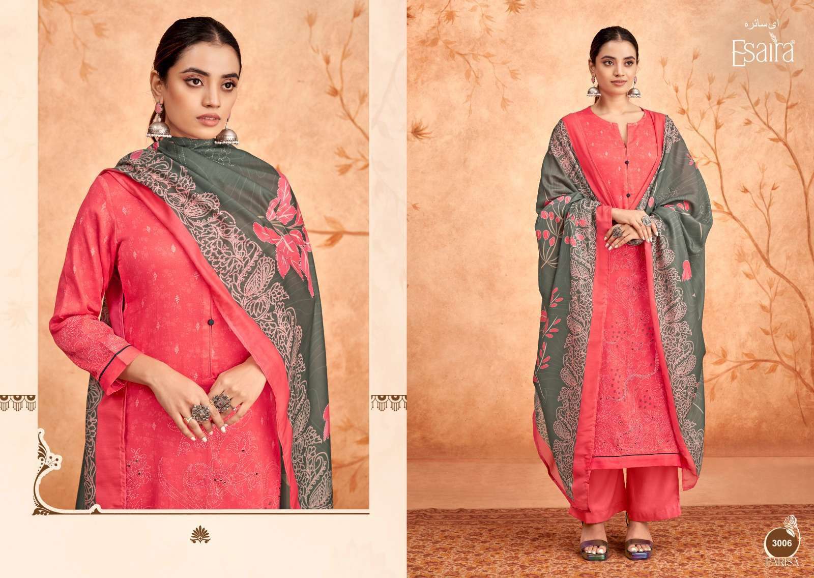 ESAIRA PARISA SATIN COTTON PRINTED FANCY WORK SUIT