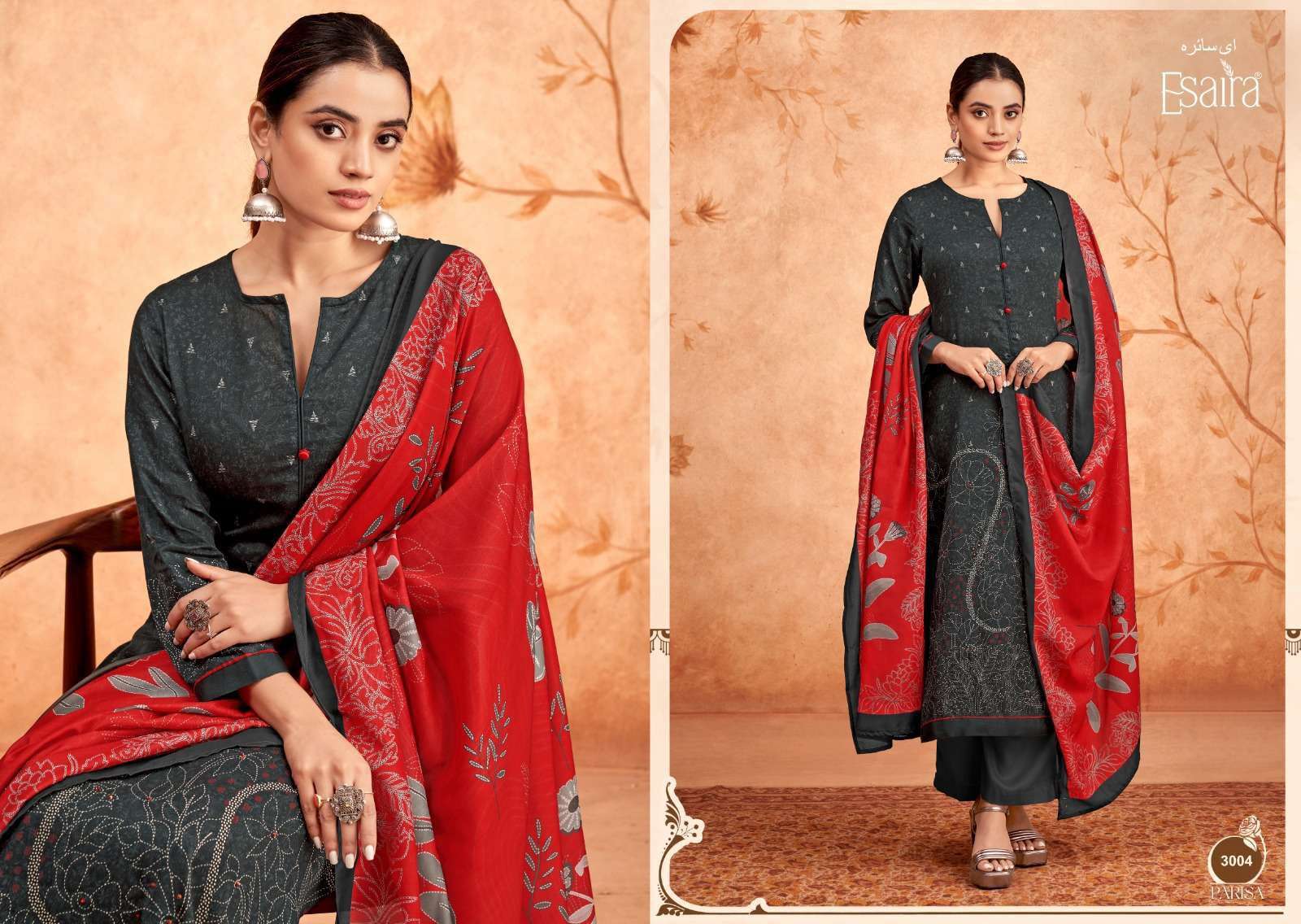 ESAIRA PARISA SATIN COTTON PRINTED FANCY WORK SUIT