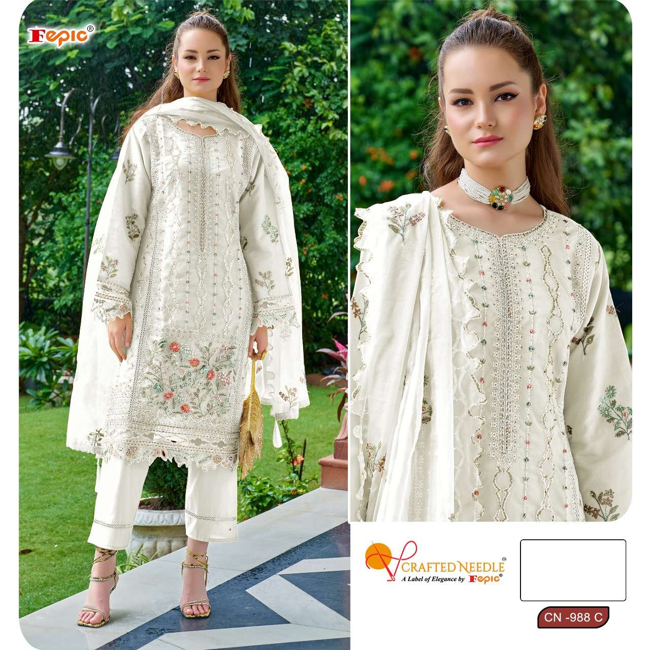 FEPIC CRAFTED NEEDLE CN 988 ORGANZA FANCY EMBROIDERY DESIGNER SUIT