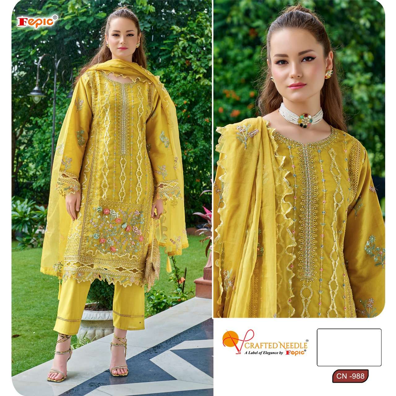 FEPIC CRAFTED NEEDLE CN 988 ORGANZA FANCY EMBROIDERY DESIGNER SUIT