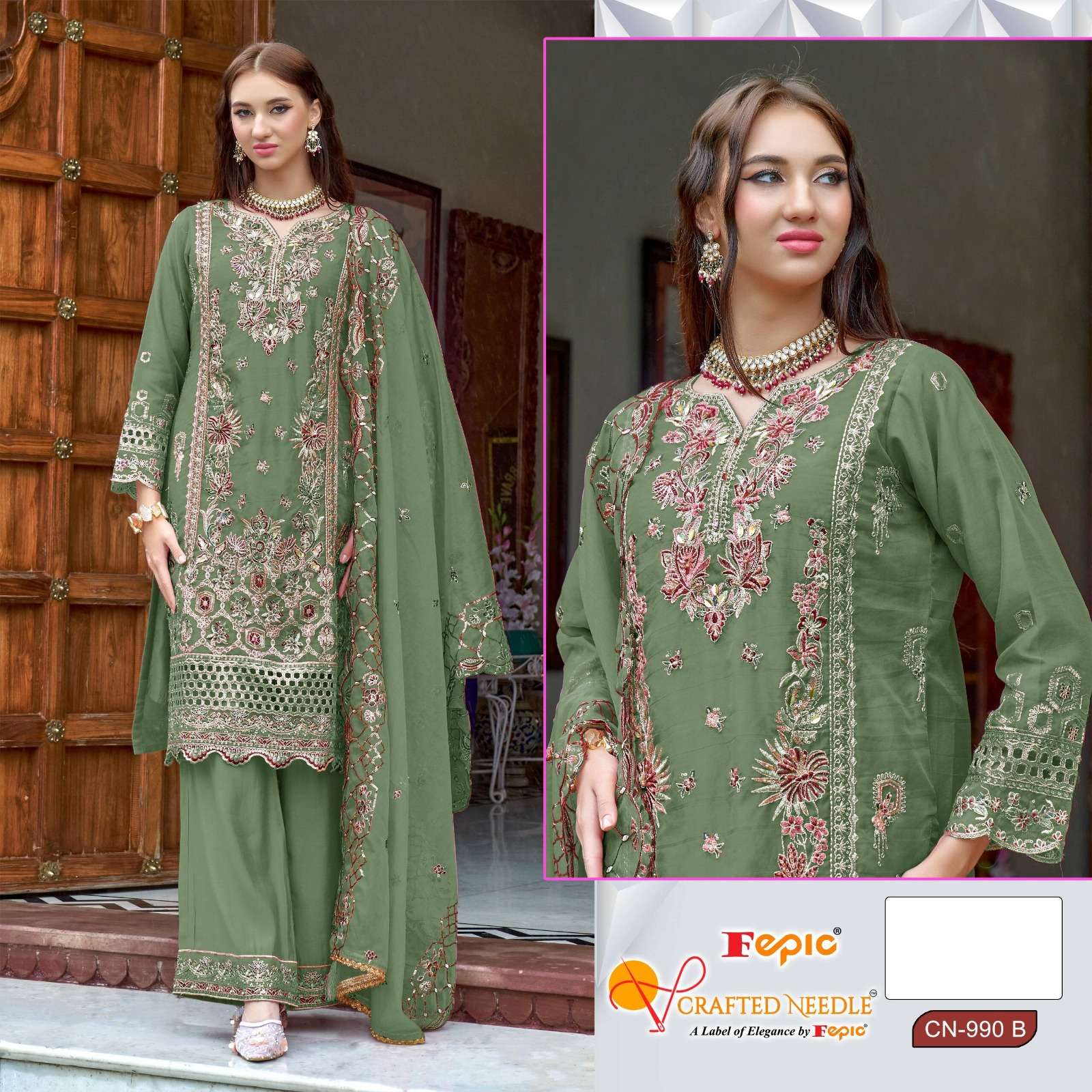 FEPIC CRAFTED NEEDLE CN 990 ORGANZA BEAUTIFUL EMBROIDERED SUIT