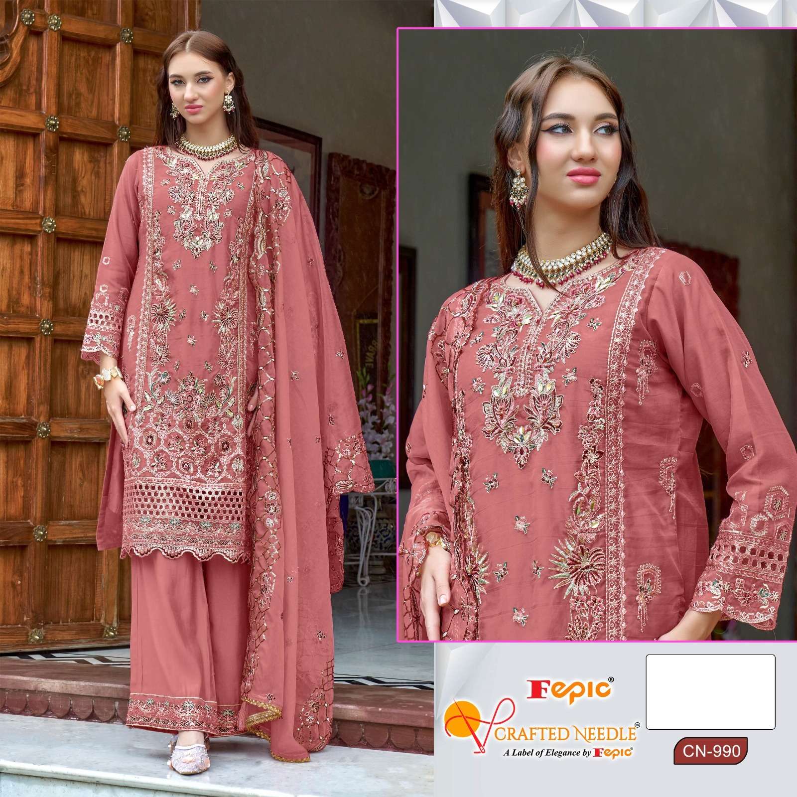 FEPIC CRAFTED NEEDLE CN 990 ORGANZA BEAUTIFUL EMBROIDERED SUIT