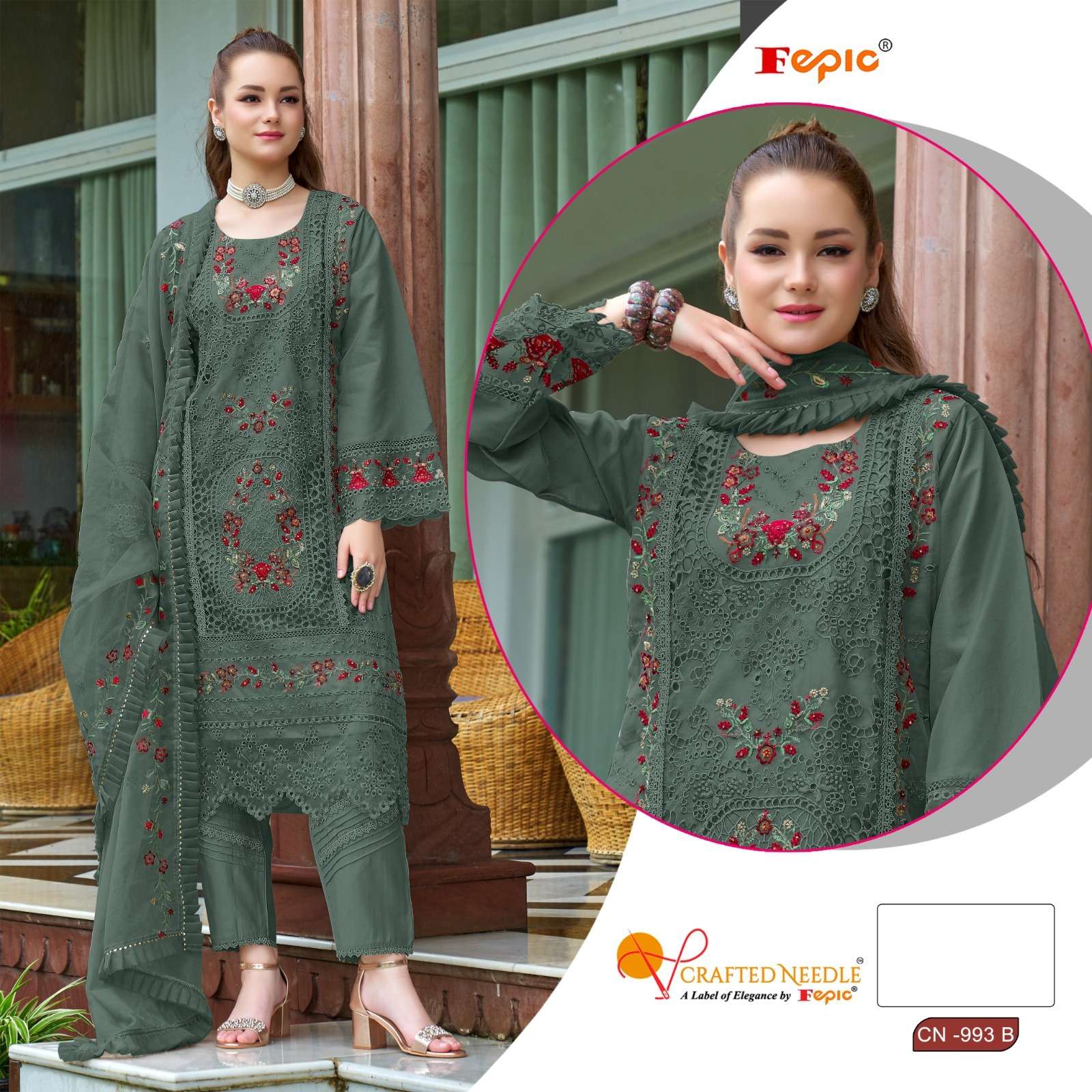FEPIC CRAFTED NEEDLE CN 993 ORGANZA HEAVY EMBROIDERY DESIGNER SUIT