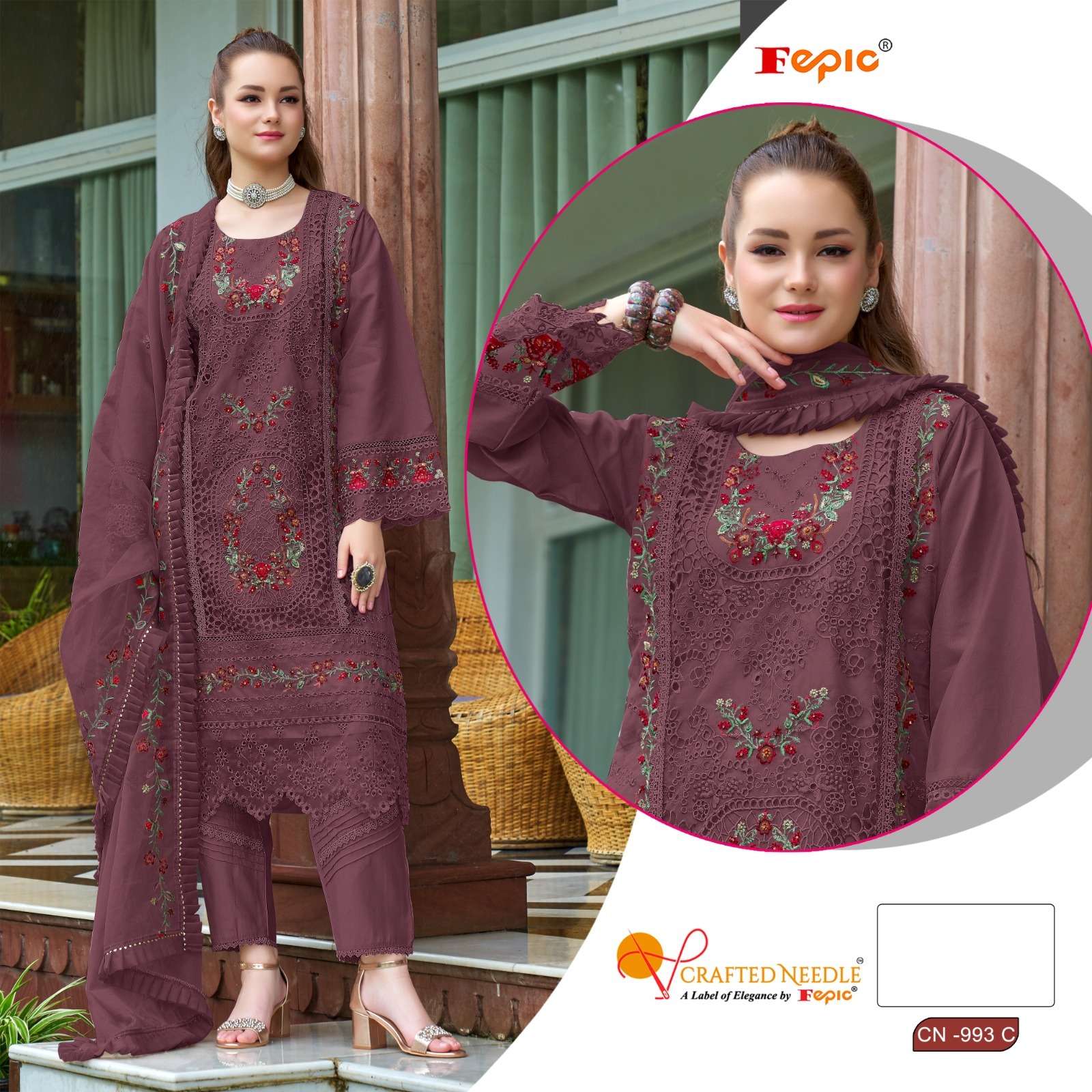 FEPIC CRAFTED NEEDLE CN 993 ORGANZA HEAVY EMBROIDERY DESIGNER SUIT
