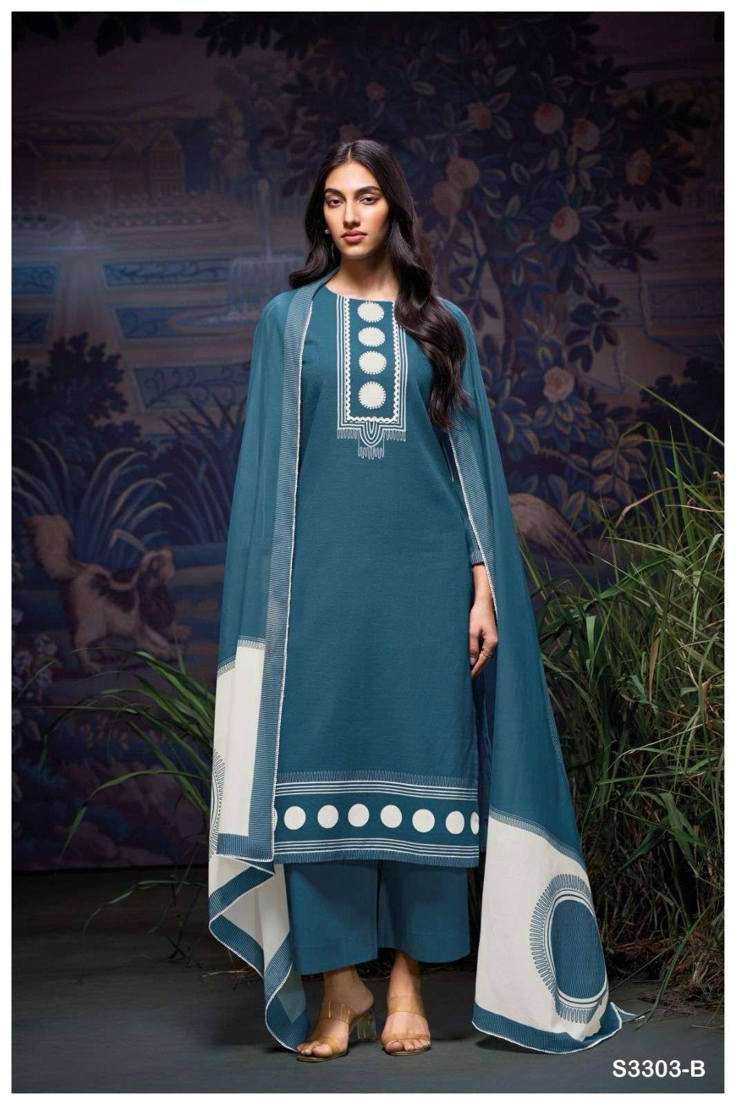 GANGA DEVANIE 3303 COTTON PRINT WITH FANCY WORK SUIT