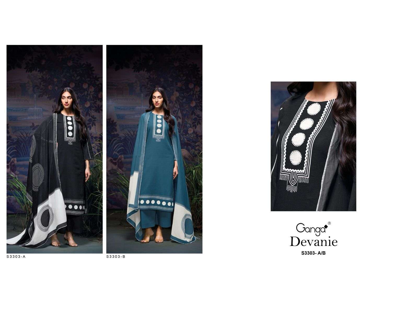GANGA DEVANIE 3303 COTTON PRINT WITH FANCY WORK SUIT