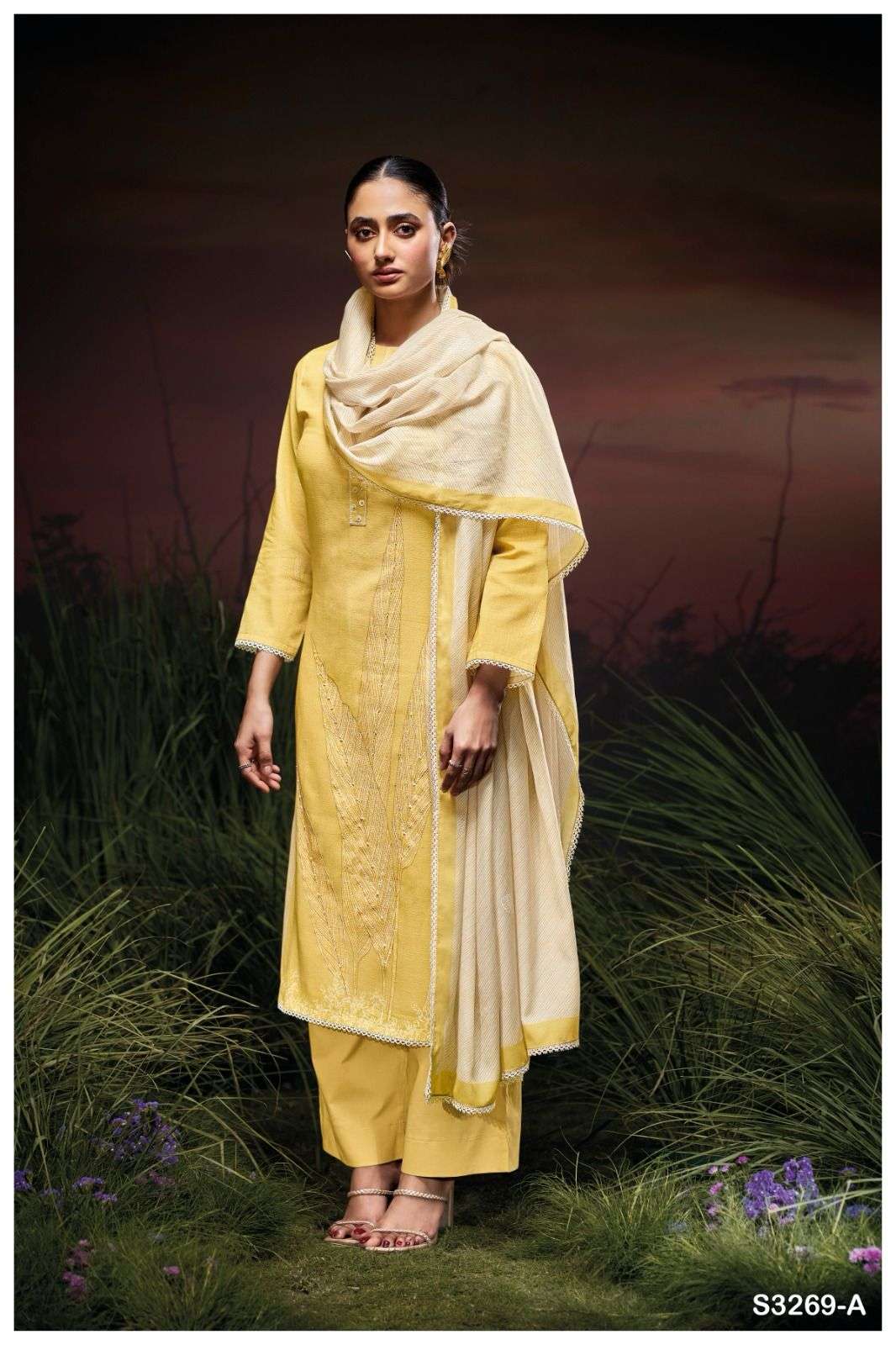 GANGA KACIE 3269 LINEN COTTON PRINT WITH DESIGNER WORK SUIT