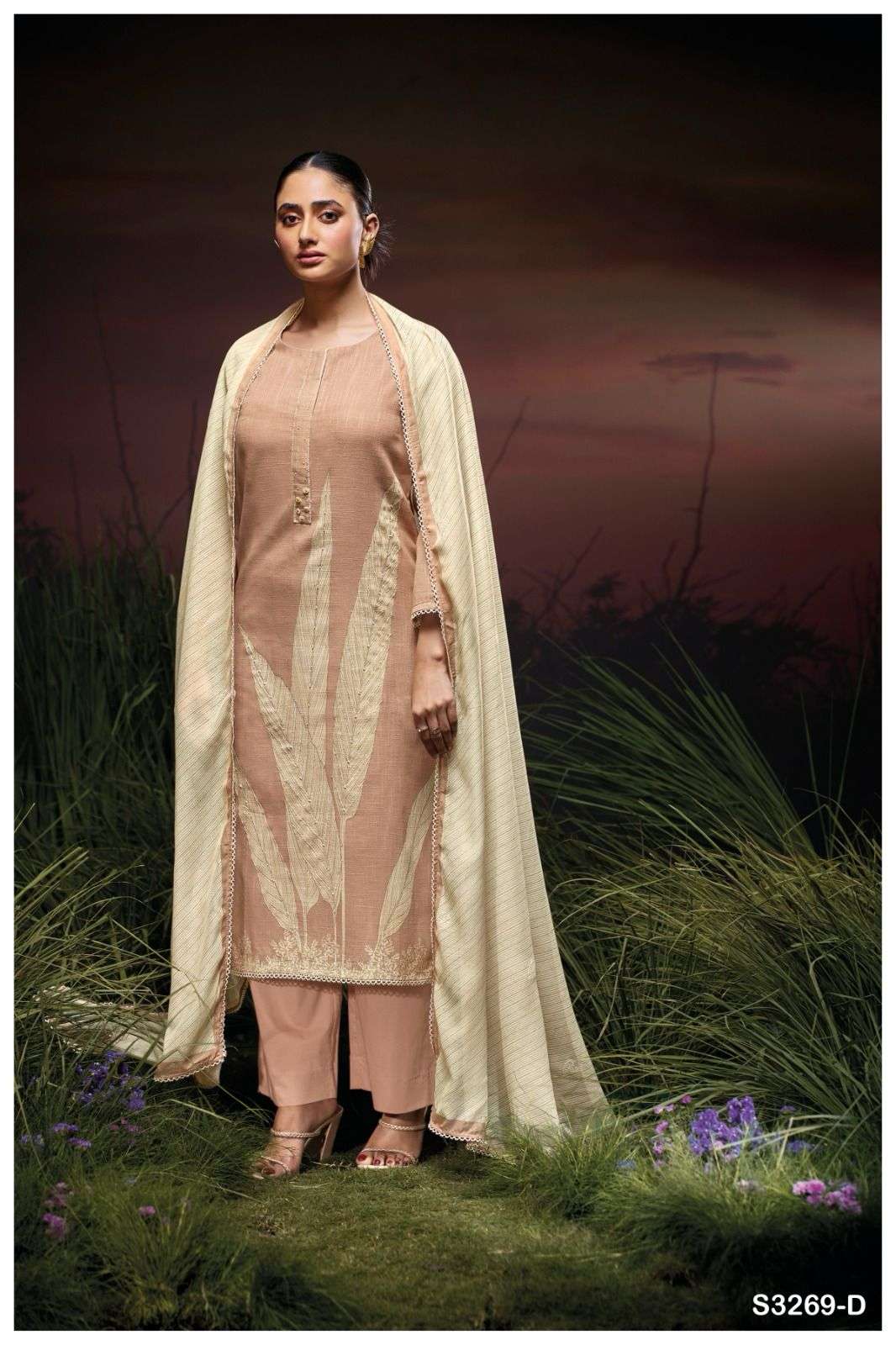 GANGA KACIE 3269 LINEN COTTON PRINT WITH DESIGNER WORK SUIT