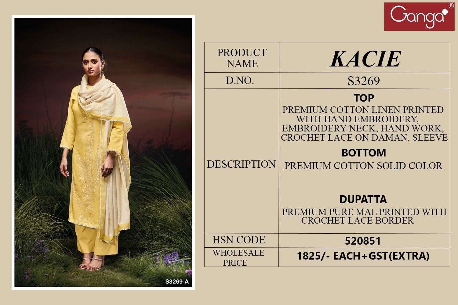 GANGA KACIE 3269 LINEN COTTON PRINT WITH DESIGNER WORK SUIT
