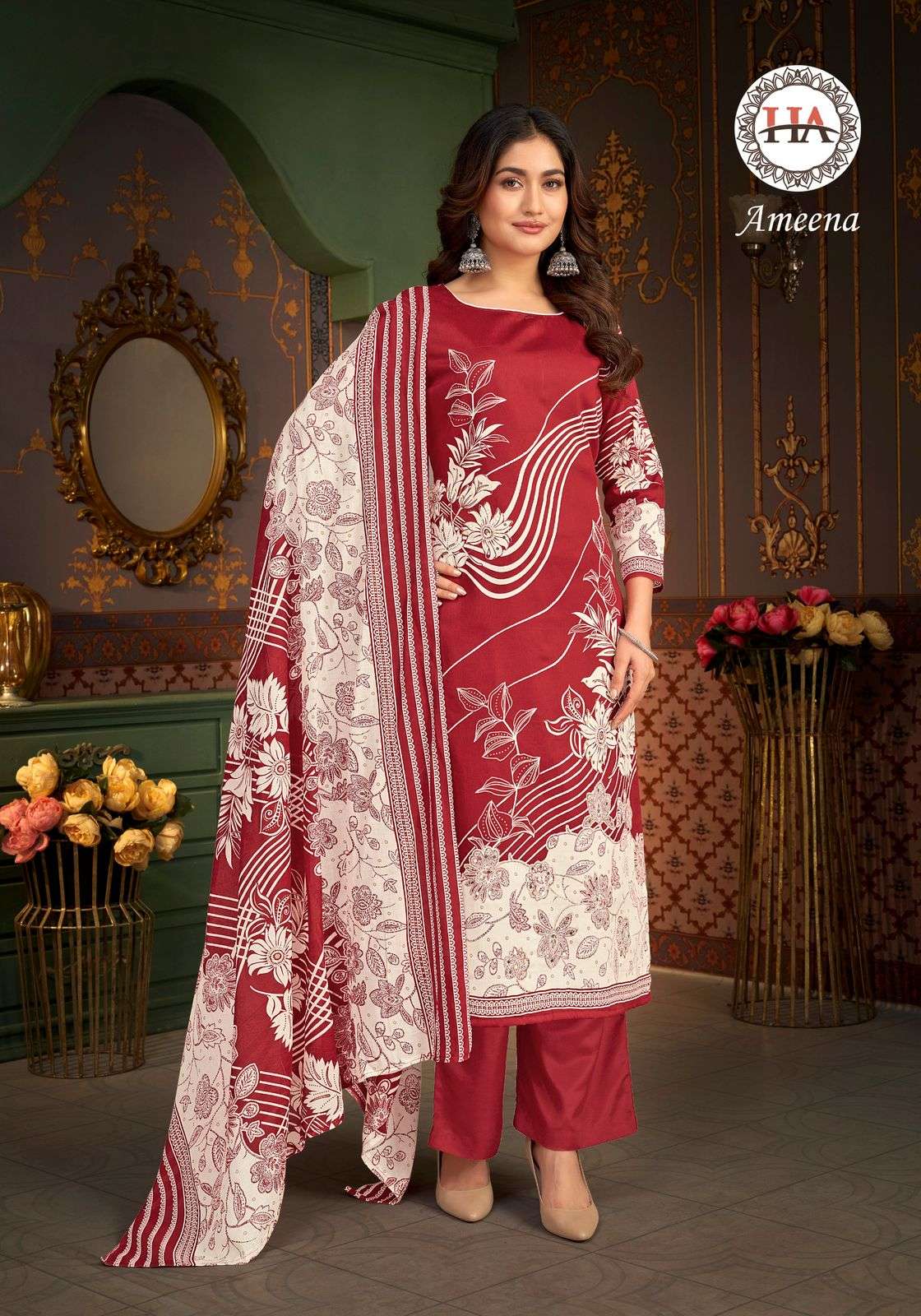 HARSHIT FASHION HUB AMEENA JAM COTTON PRINT WITH FANCY WORK SUIT