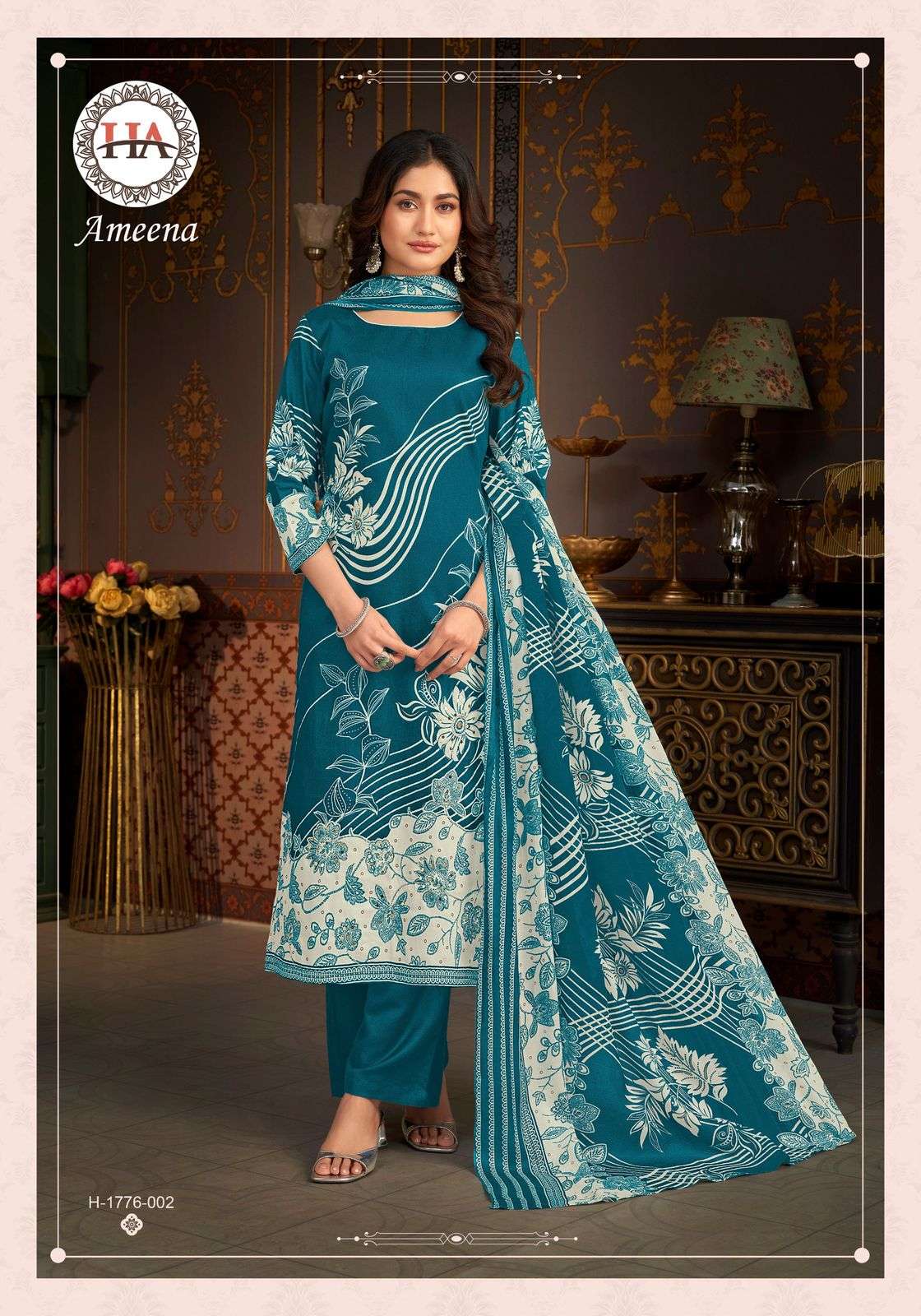HARSHIT FASHION HUB AMEENA JAM COTTON PRINT WITH FANCY WORK SUIT