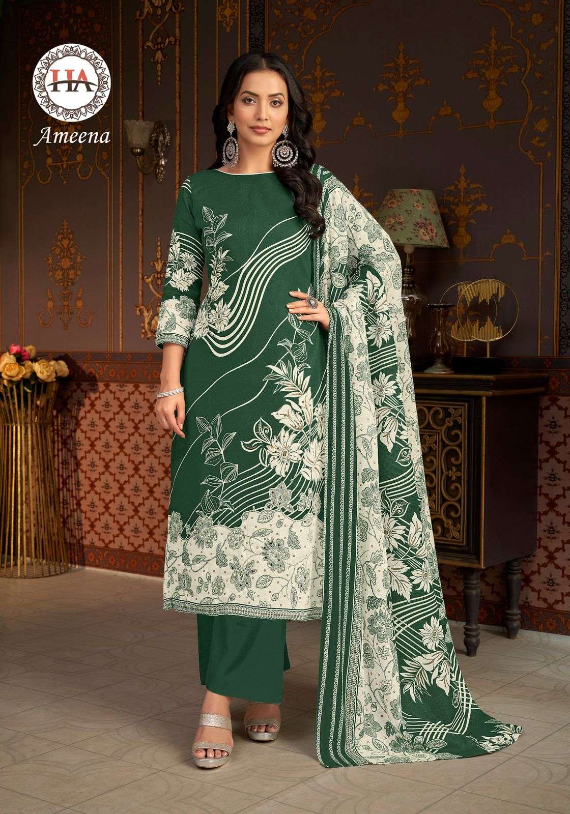 HARSHIT FASHION HUB AMEENA JAM COTTON PRINT WITH FANCY WORK SUIT