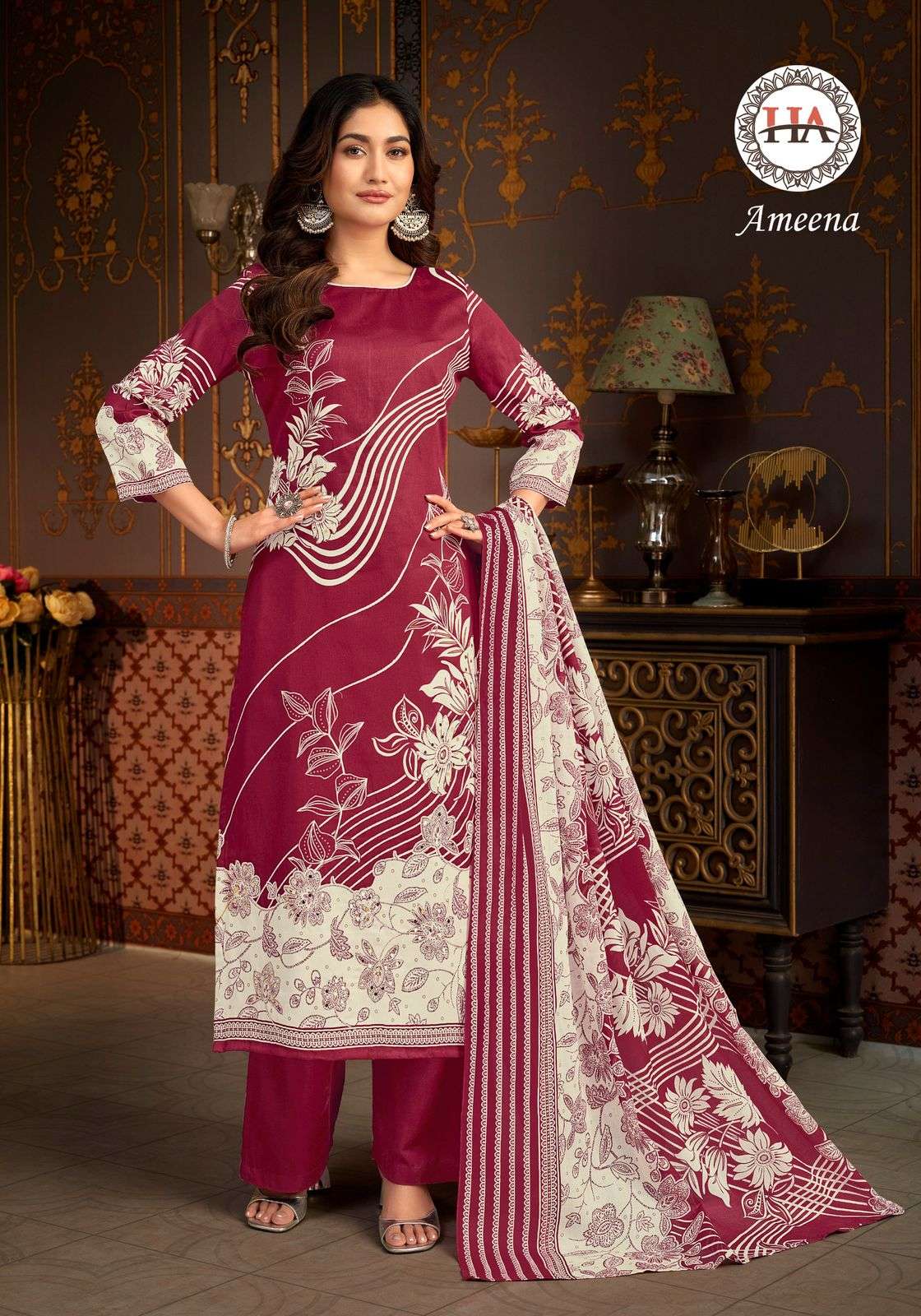 HARSHIT FASHION HUB AMEENA JAM COTTON PRINT WITH FANCY WORK SUIT