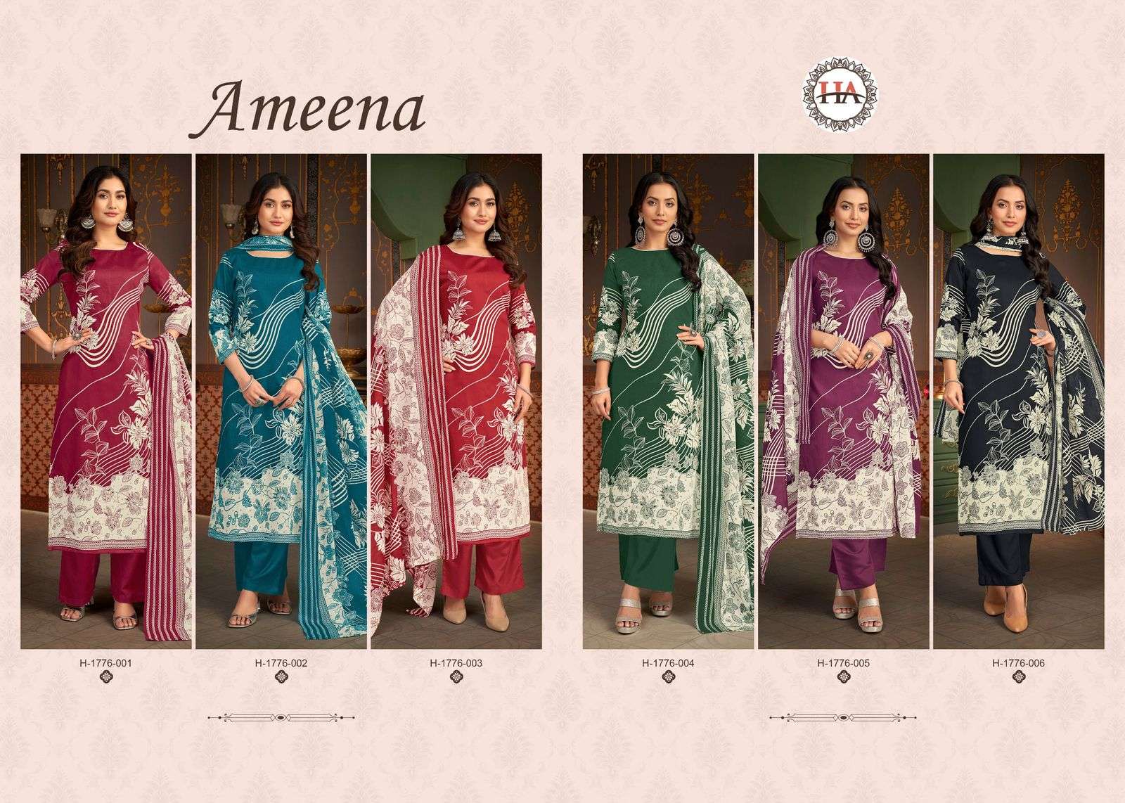 HARSHIT FASHION HUB AMEENA JAM COTTON PRINT WITH FANCY WORK SUIT