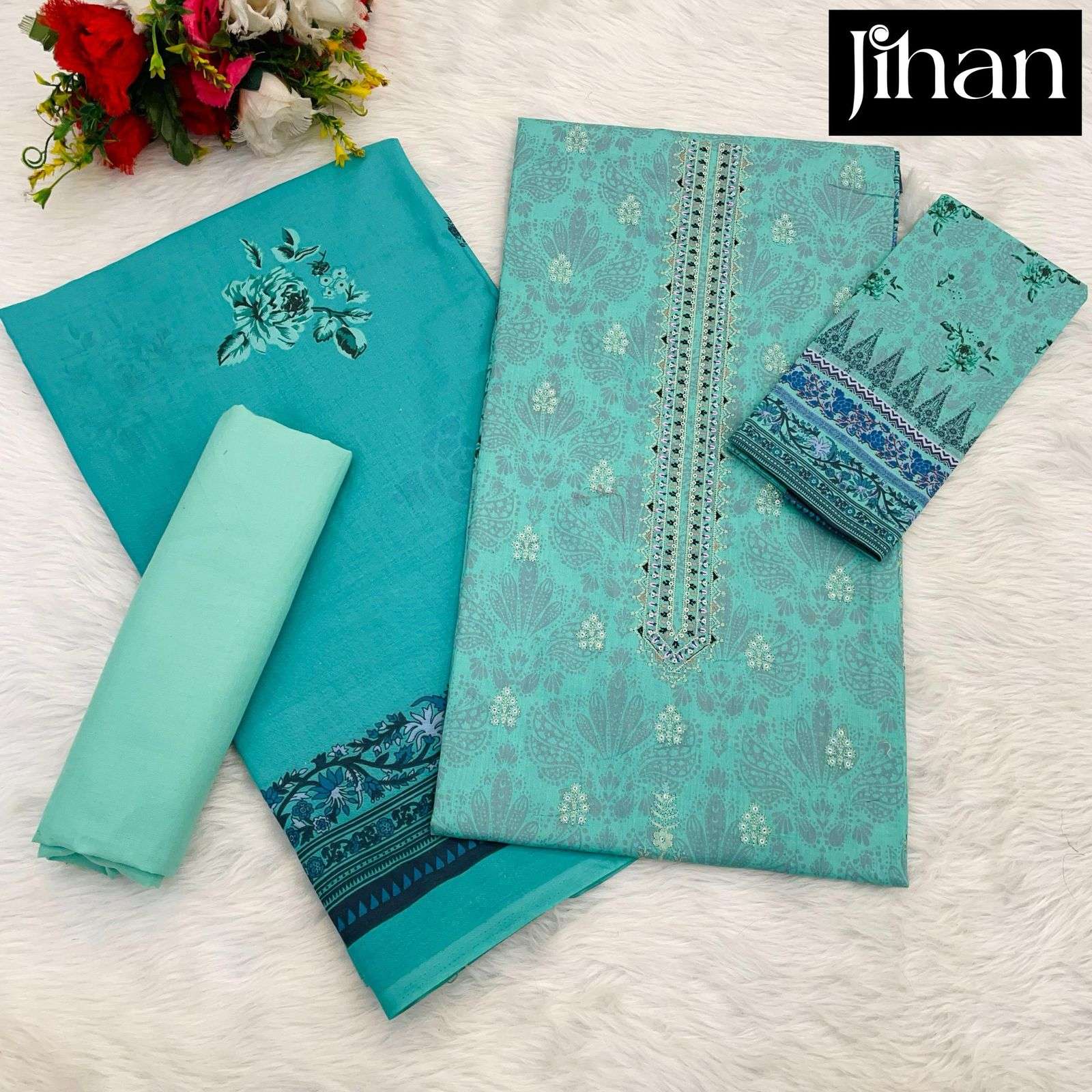 JIHAN PRESTIGE LAWN COLLECTION DESIGN NO - 3492-3493-3494-3495 PURE LAWN PRINT EXCLUSIVE HEAVY SELF EMBROIDERED SALWAR SUIT