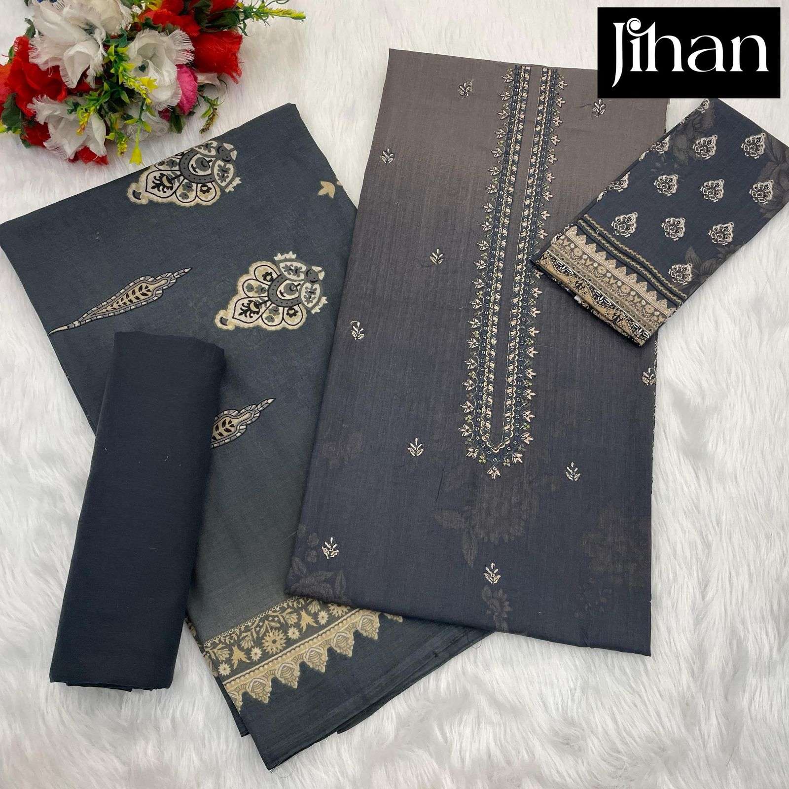 JIHAN PRESTIGE LAWN COLLECTION DESIGN NO - 3492-3493-3494-3495 PURE LAWN PRINT EXCLUSIVE HEAVY SELF EMBROIDERED SALWAR SUIT
