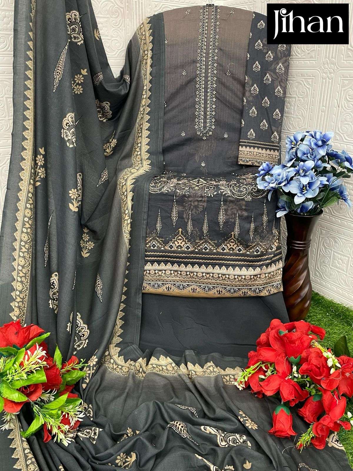 JIHAN PRESTIGE LAWN COLLECTION DESIGN NO - 3492-3493-3494-3495 PURE LAWN PRINT EXCLUSIVE HEAVY SELF EMBROIDERED SALWAR SUIT