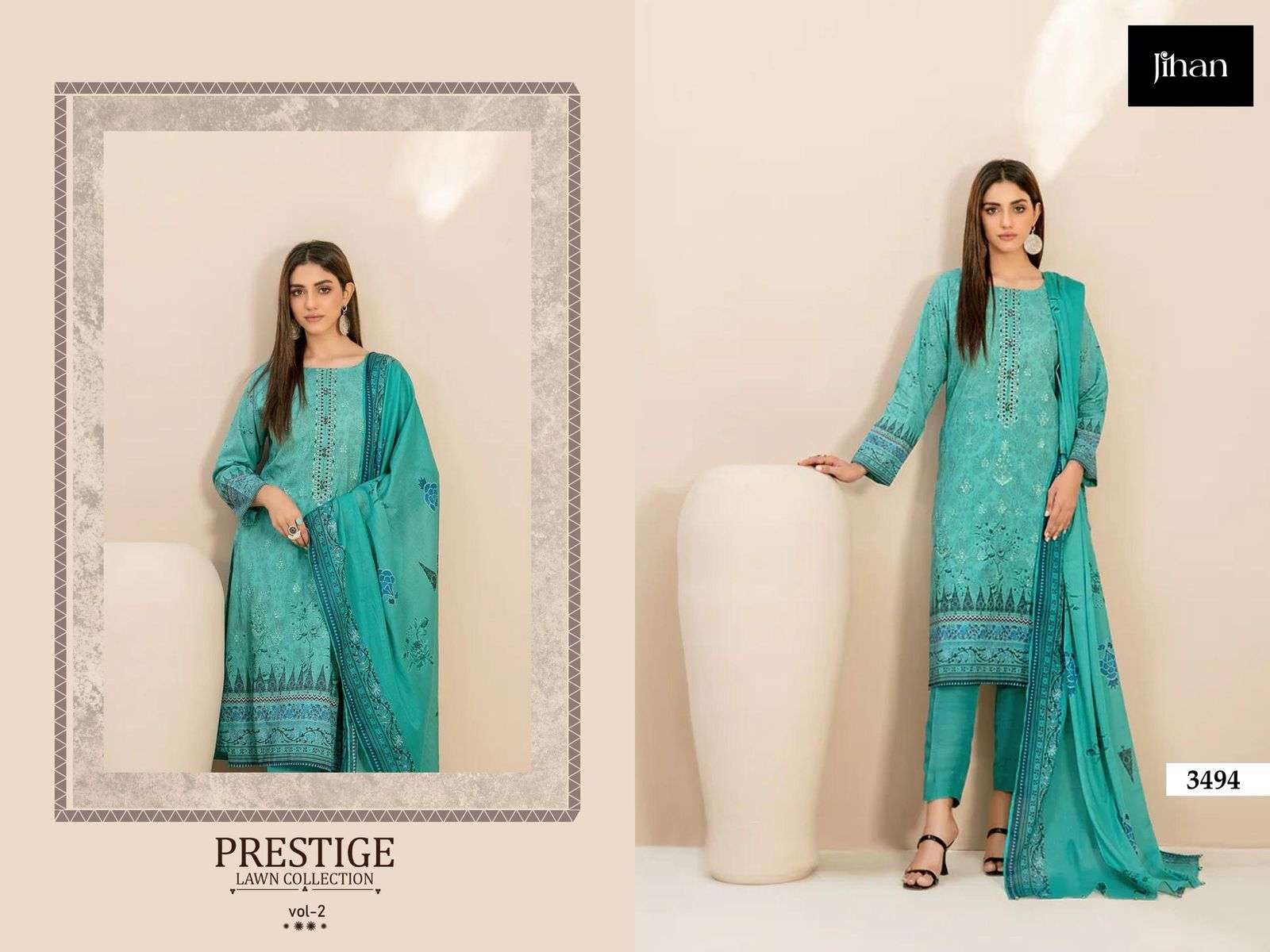 JIHAN PRESTIGE LAWN COLLECTION DESIGN NO - 3492-3493-3494-3495 PURE LAWN PRINT EXCLUSIVE HEAVY SELF EMBROIDERED SALWAR SUIT