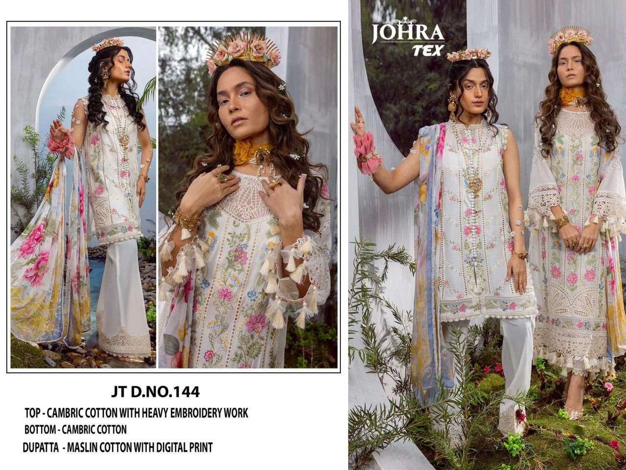 JOHRA TEX DESIGN NO - JT - 143 144 CAMBRIC COTTON HEAVY EMBROIDERED PAKISTANI SALWAR SUIT