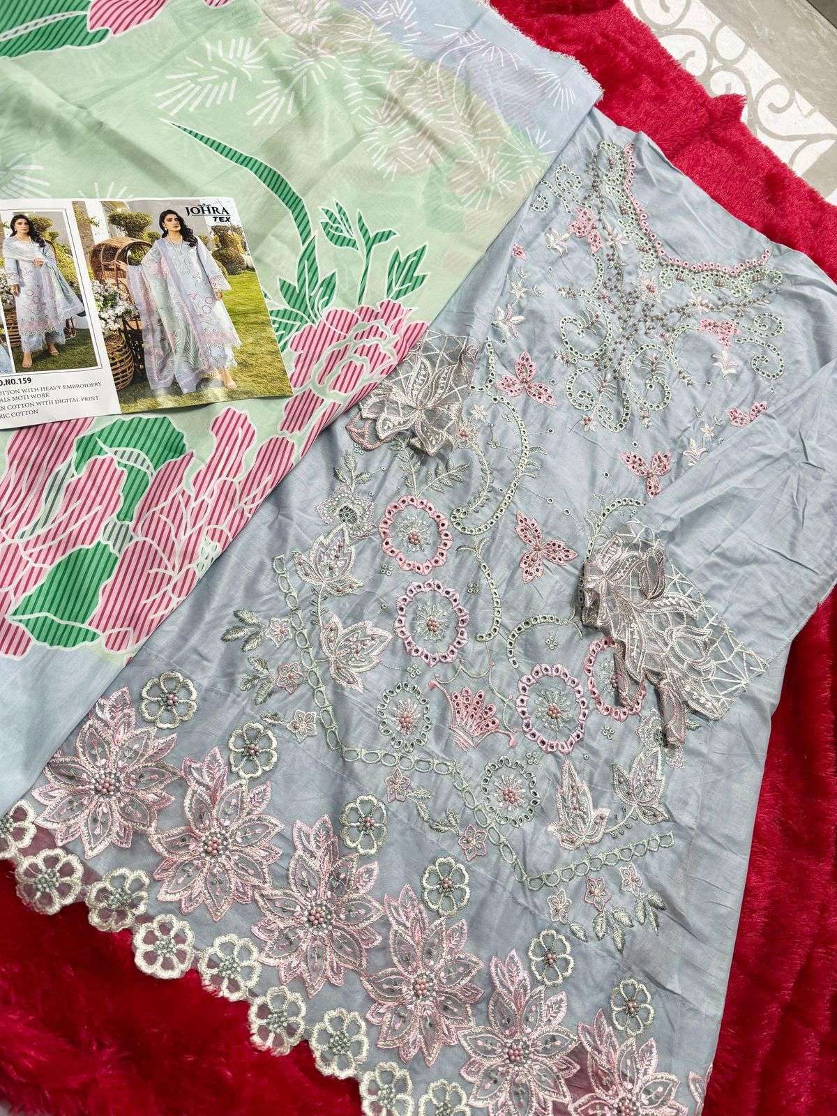 JOHRA TEX DESIGN NO - JT - 159 CAMBRIC COTTON HEAVY EMBROIDERED PEARLS MOTI WORK SALWAR SUIT