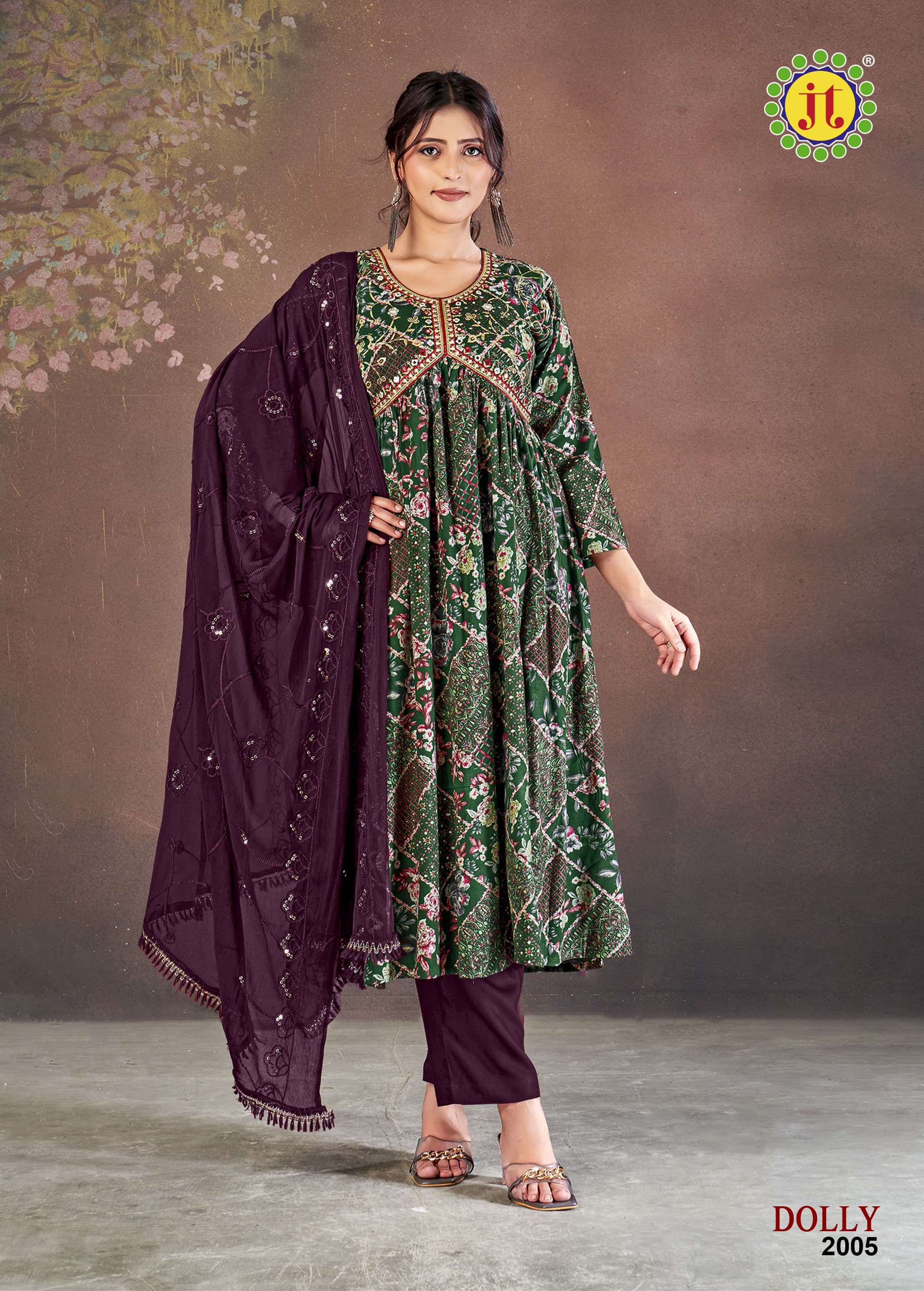 JT DOLLY VOL 2 RAYON FANCY WORK ALIA CUT PATTERN KURTI COMBO SET 