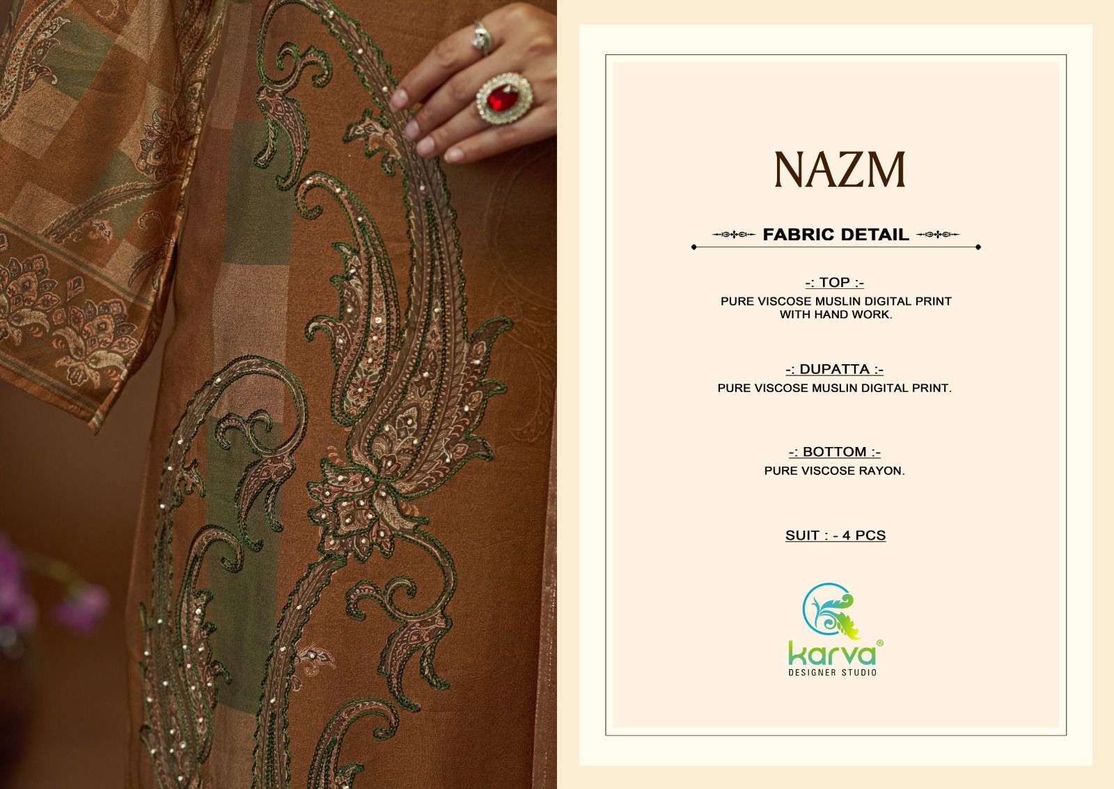 KARVA DESINER STUDIO NAZM VISCOSE DIGITAL PRINT WITH HAND WORK DESIGNER SUIT