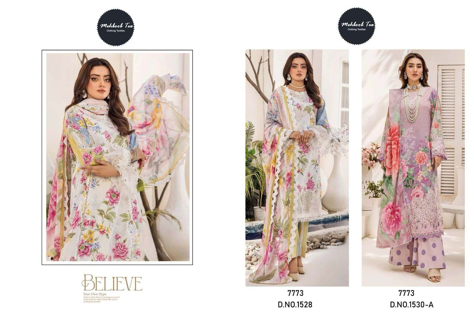 MEHBOOB TEX DESIGN NO - 1528-1530 PURE COTTON PRINT EMRBOIDERED SELF WORK PATCHES PAKISTANI SALWAR SUIT