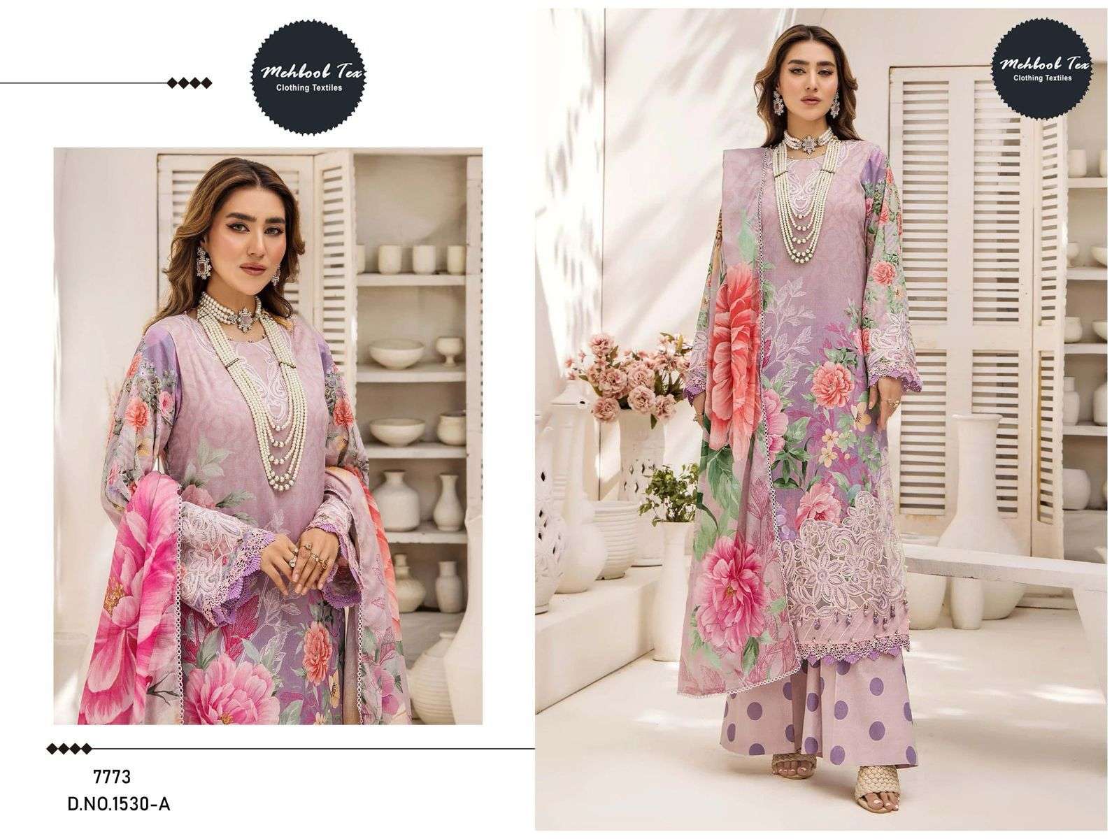 MEHBOOB TEX DESIGN NO - 1528-1530 PURE COTTON PRINT EMRBOIDERED SELF WORK PATCHES PAKISTANI SALWAR SUIT