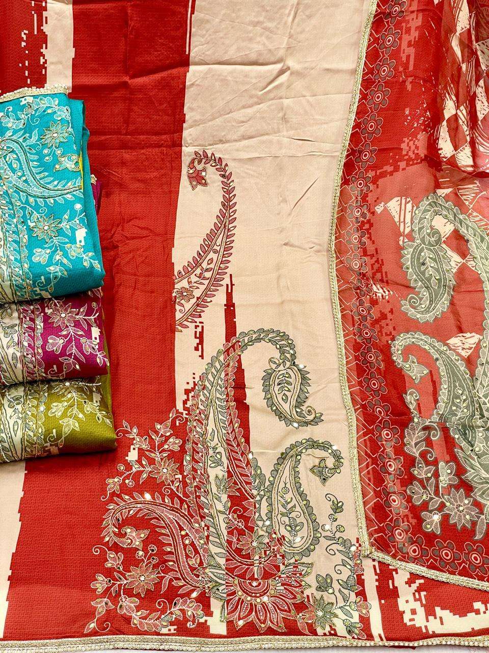 MF VINY SATIN ORGANZA DIGITAL PRINT WITH HAND WORK DESIGNER SUIT