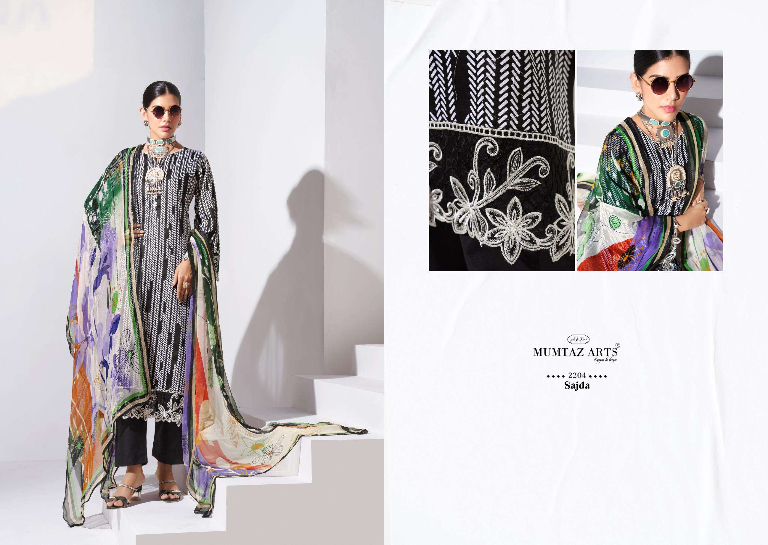 MUMTAZ ARTS SAJDA JAM SATIN DIGITAL PRINT WITH FANCY EMBROIDERY WORK SUIT