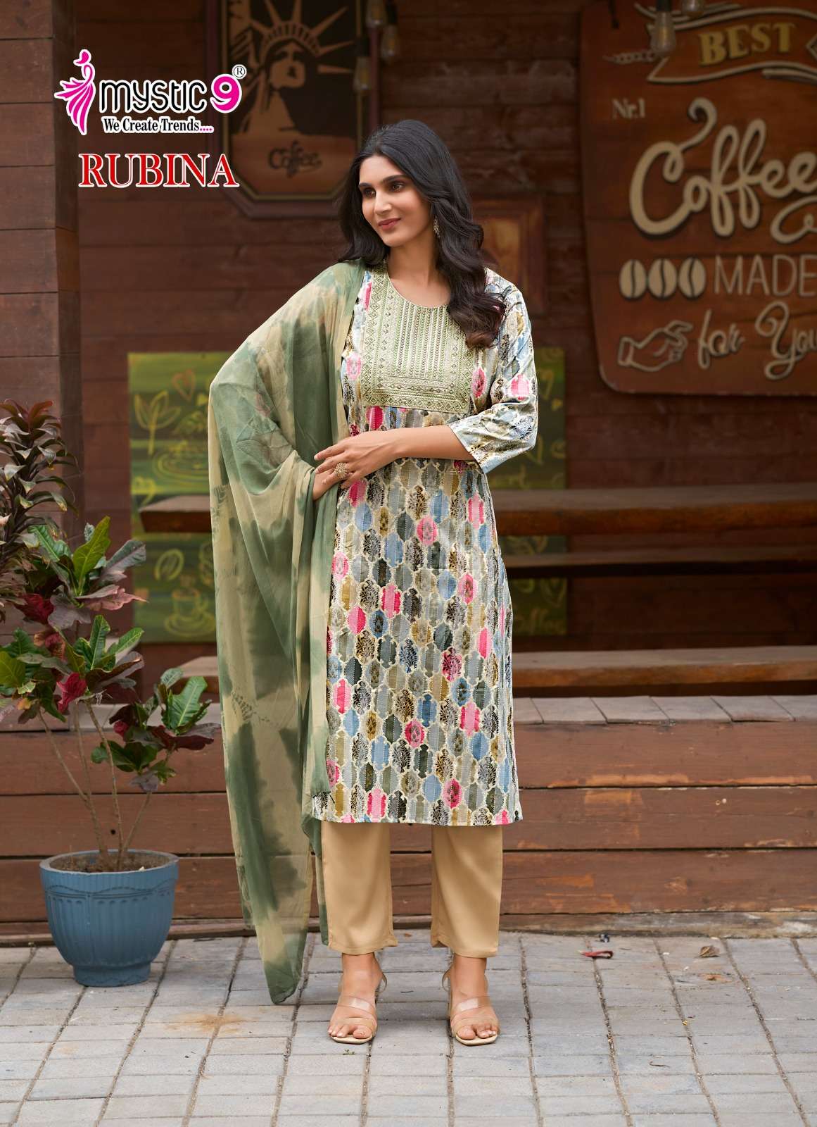 MYSTIC 9 RUBINA VOL 7 RAYON PRINT FANCY WORK KURTI COMBO SET 