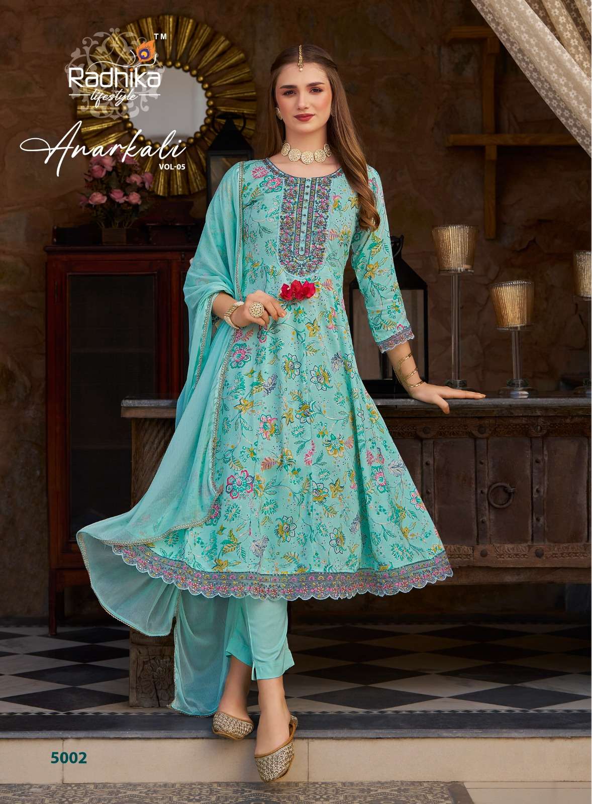 RADHIKA LIFESTYLE ANARKALI VOL 5 RAYON FOIL PRINT KURTI PANT AND  DUPPTTA SET