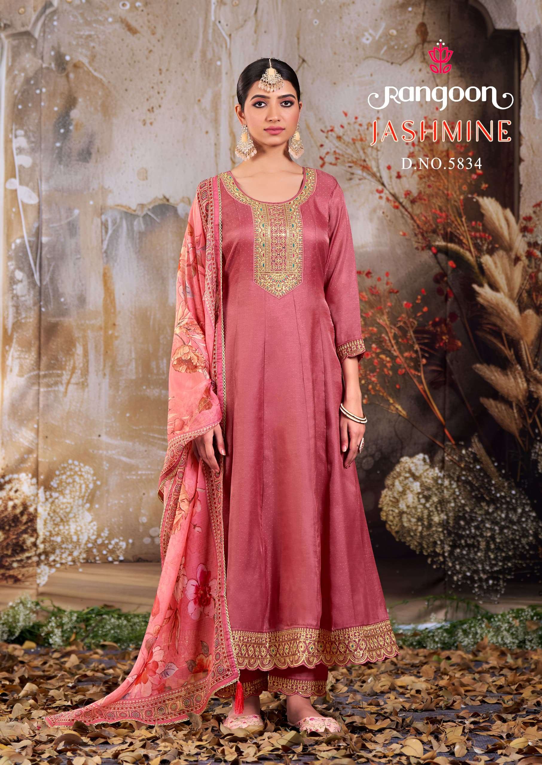 RANGOON JASHMINE SILK FANCY EMBROIDERY DESIGNER GOWN SUIT