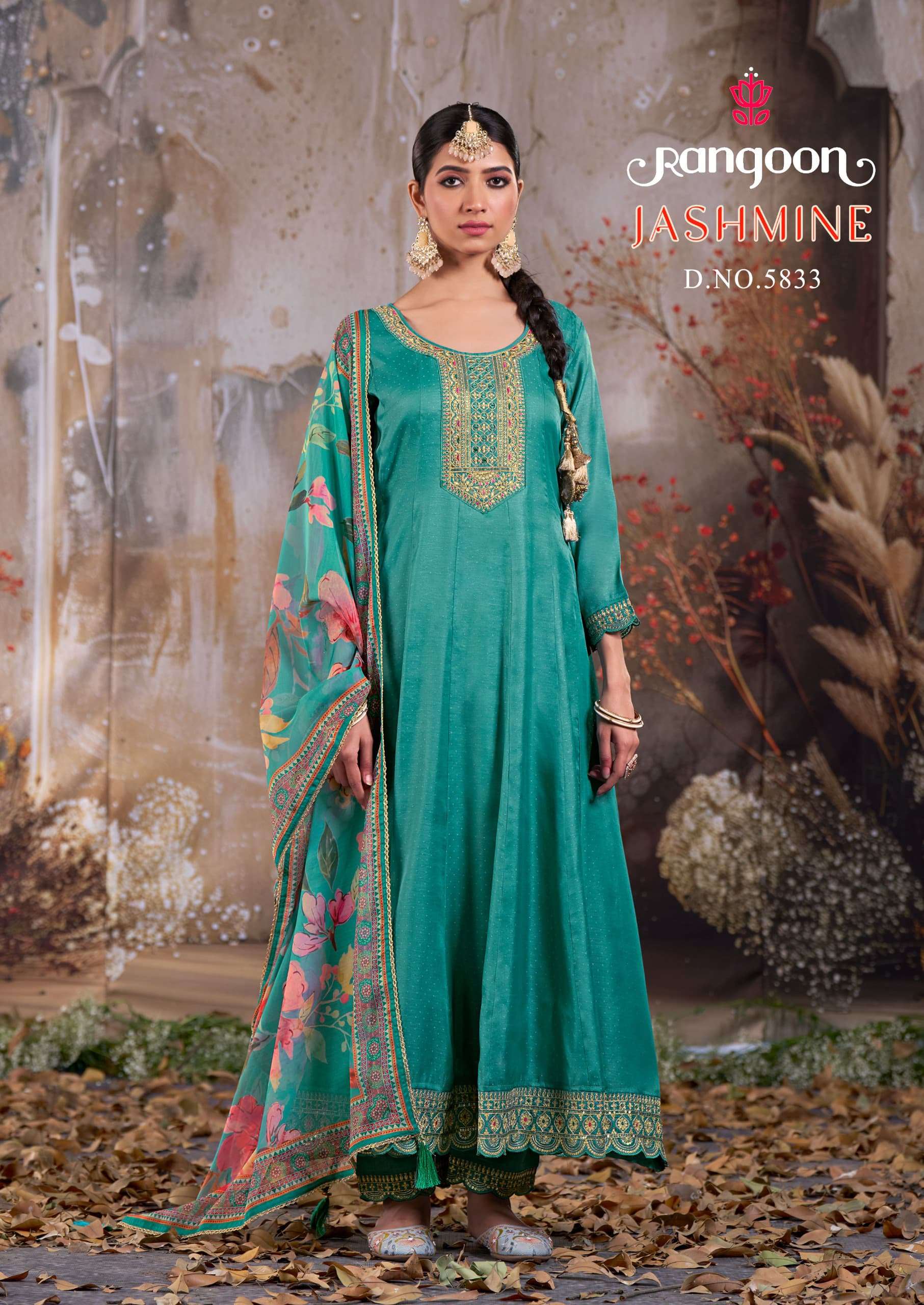 RANGOON JASHMINE SILK FANCY EMBROIDERY DESIGNER GOWN SUIT