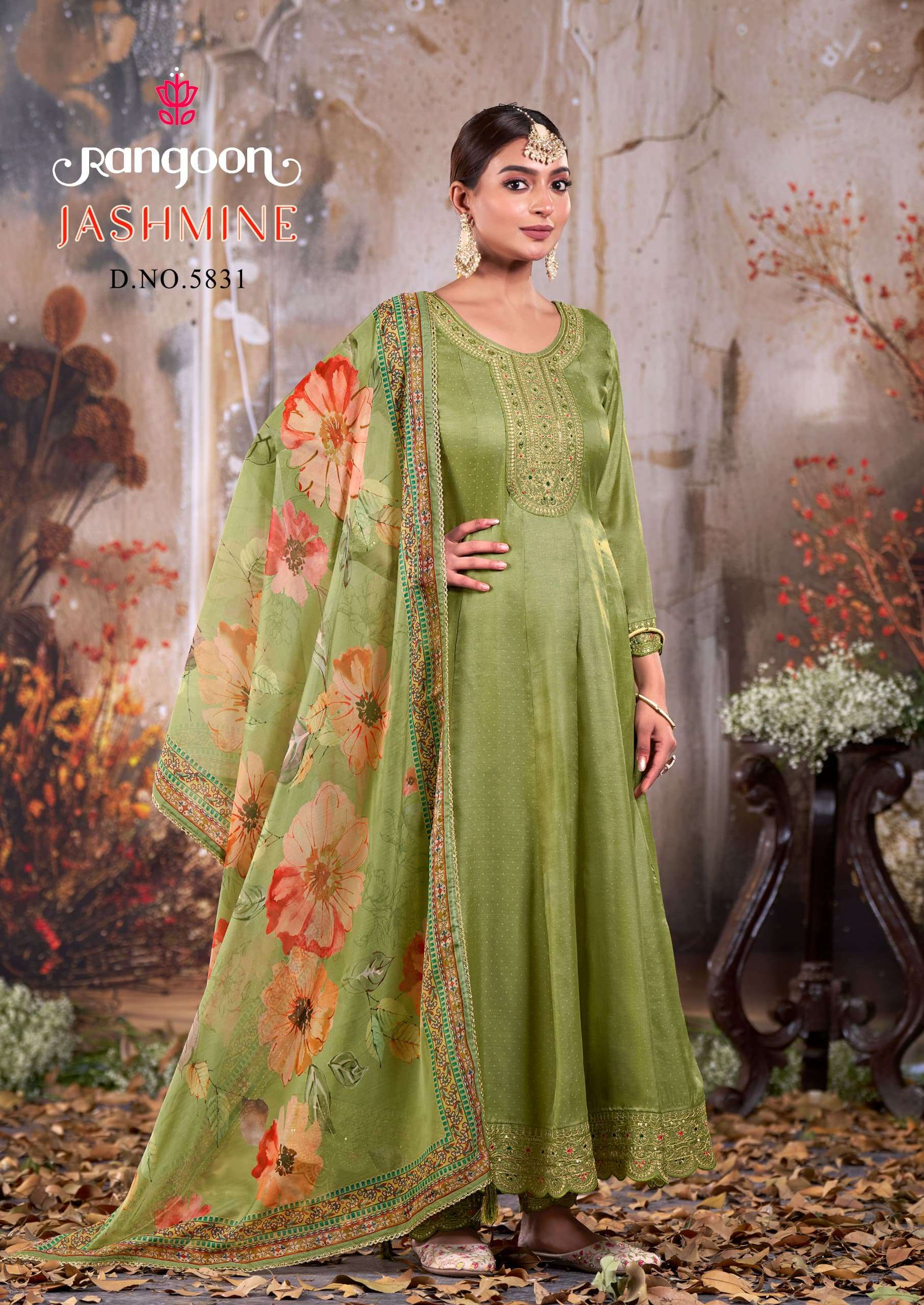 RANGOON JASHMINE SILK FANCY EMBROIDERY DESIGNER GOWN SUIT