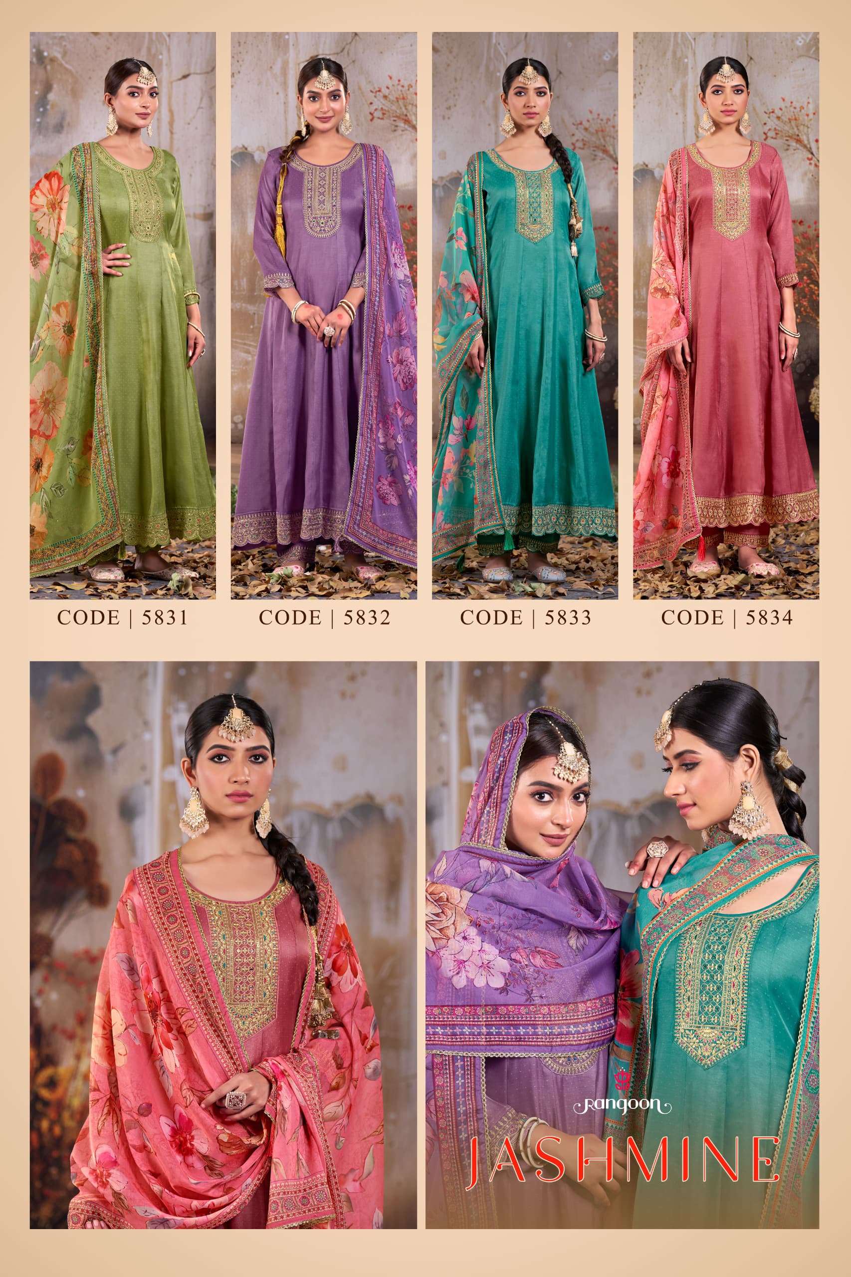 RANGOON JASHMINE SILK FANCY EMBROIDERY DESIGNER GOWN SUIT