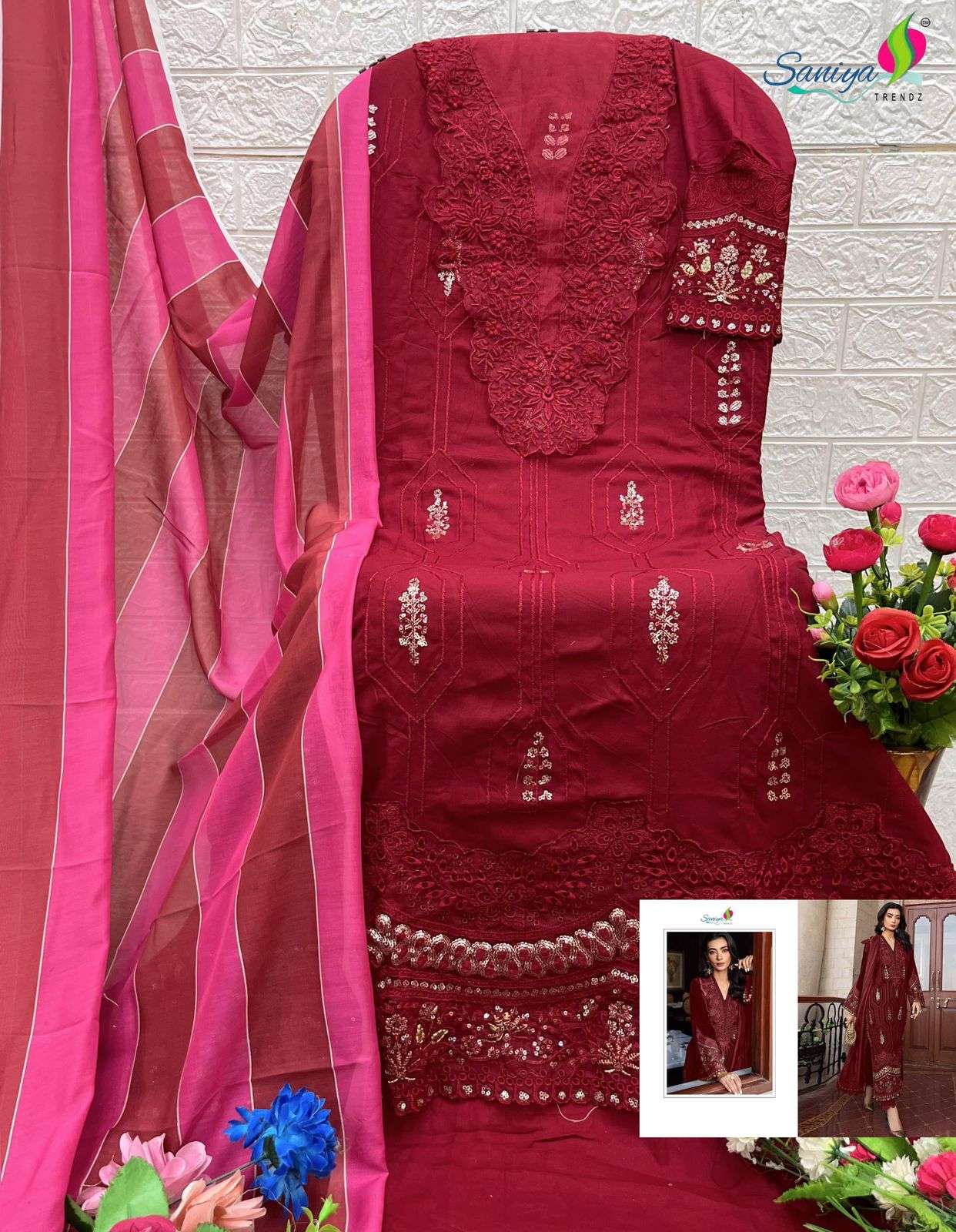 SANIYA TRENDZ D NO 7120 RAYON CHIKANKARI EMBROIDERED PAKISTANI SUIT