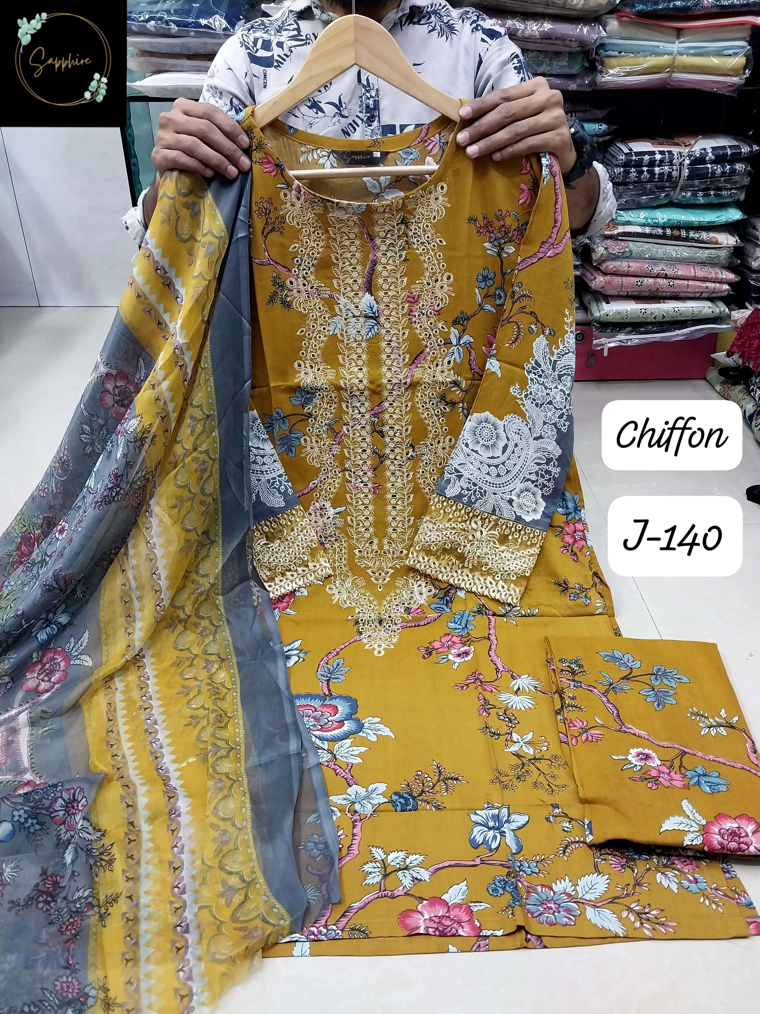 SAPPHIRE JAZMIN VOL 140 LAWN COTTON CHIKAN WORK DESIGNER SUIT