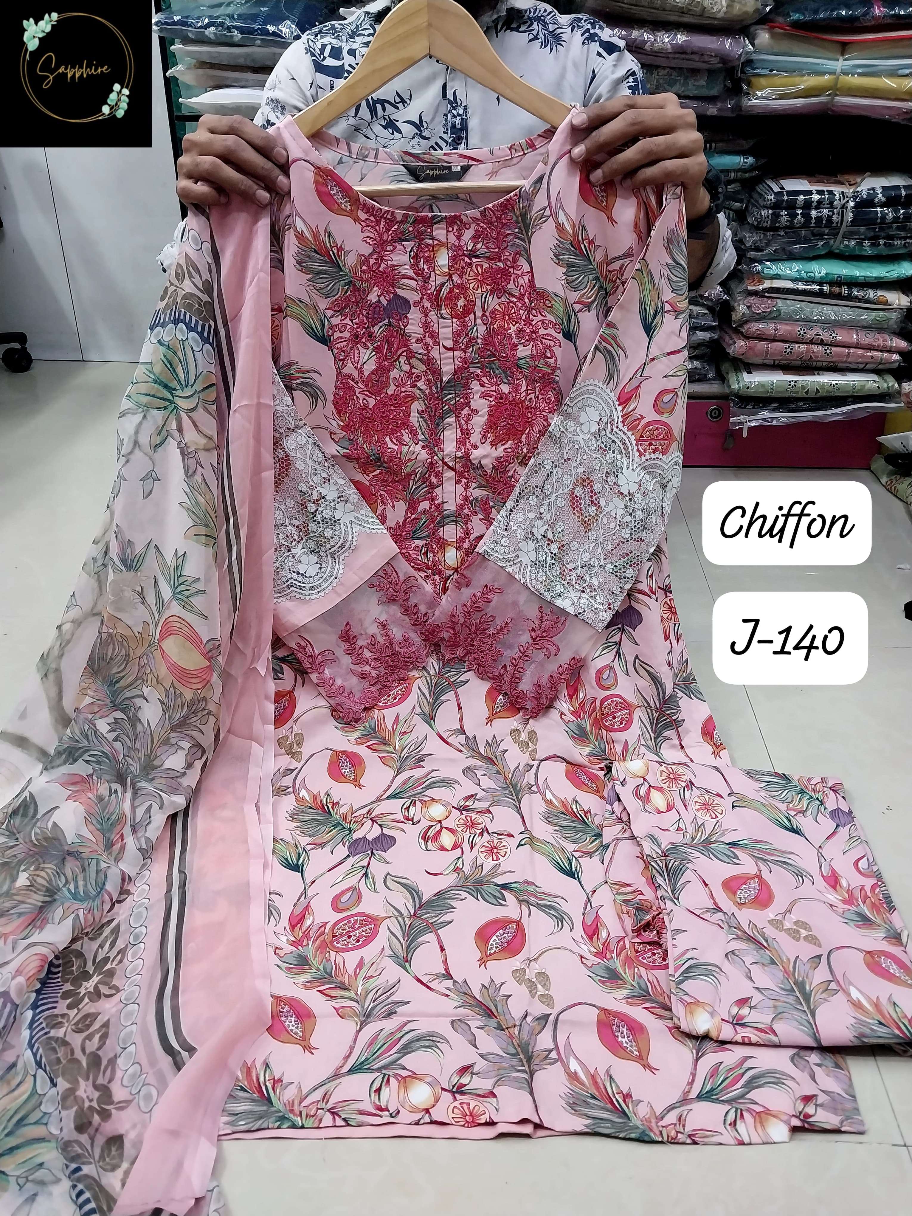 SAPPHIRE JAZMIN VOL 140 LAWN COTTON CHIKAN WORK DESIGNER SUIT