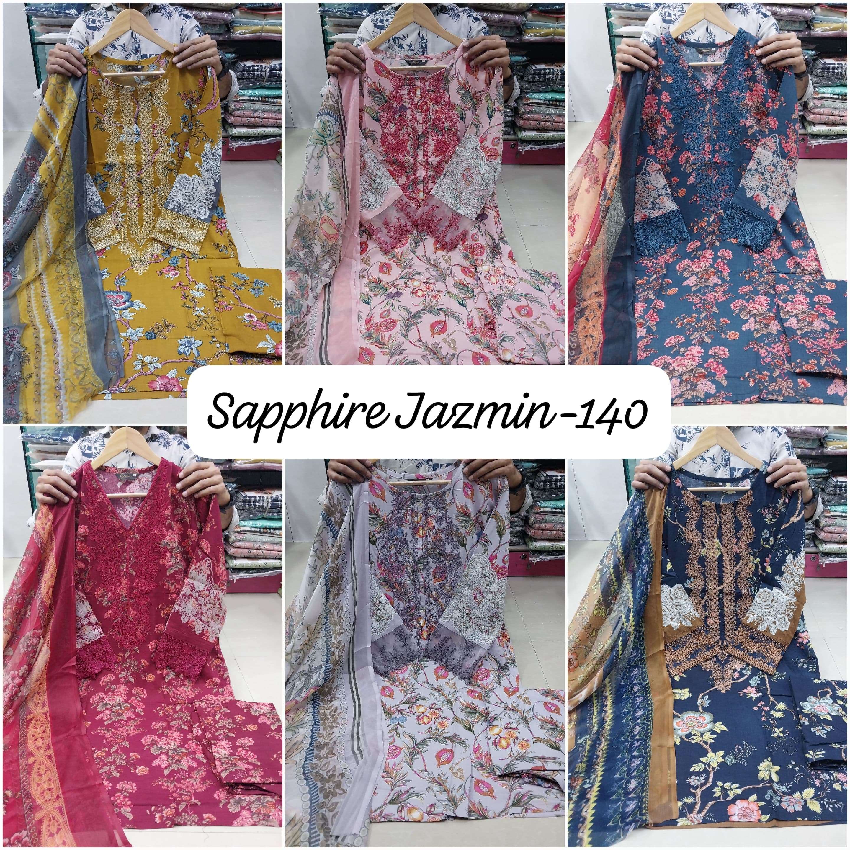 SAPPHIRE JAZMIN VOL 140 LAWN COTTON CHIKAN WORK DESIGNER SUIT