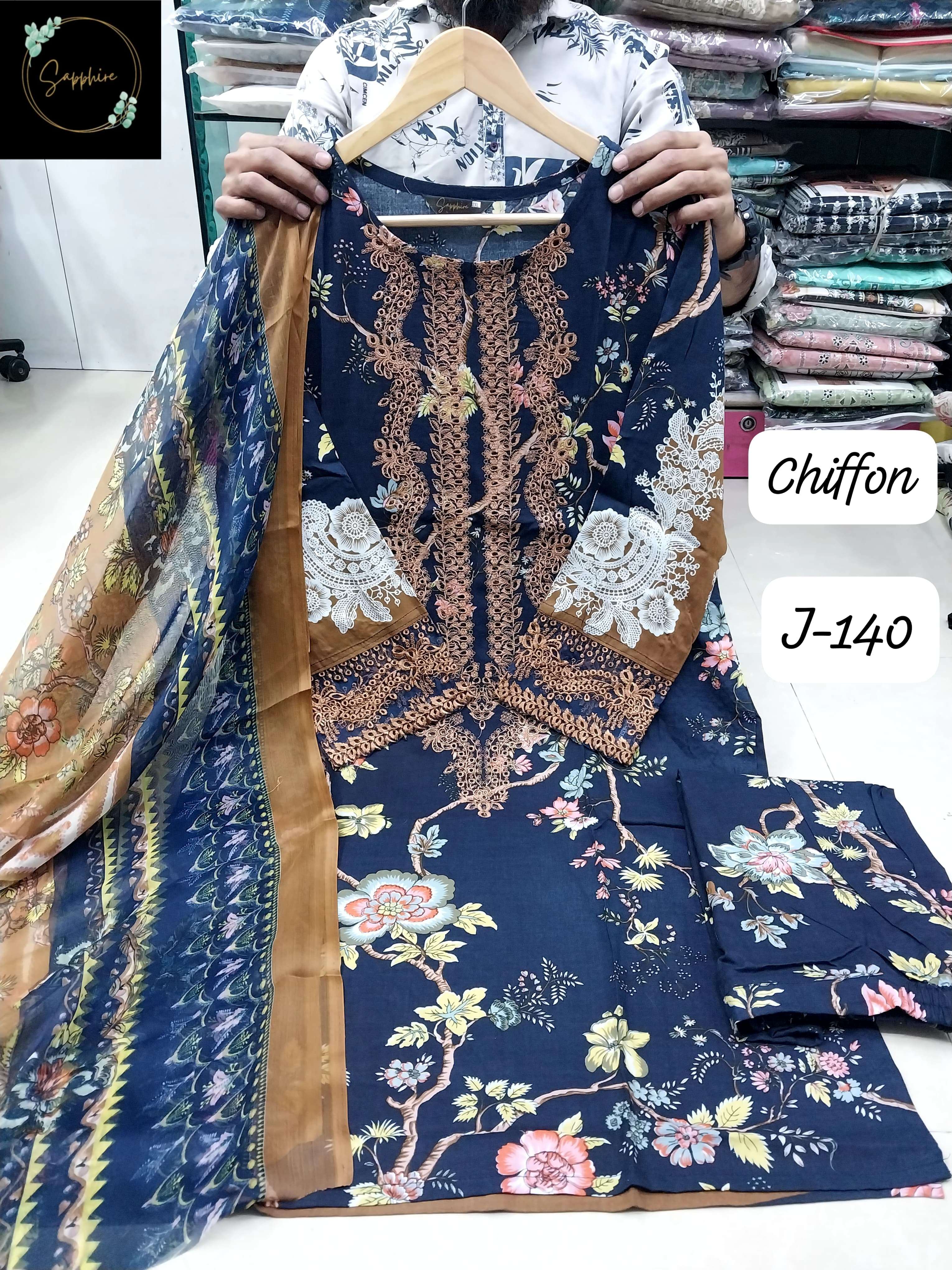 SAPPHIRE JAZMIN VOL 140 LAWN COTTON CHIKAN WORK DESIGNER SUIT