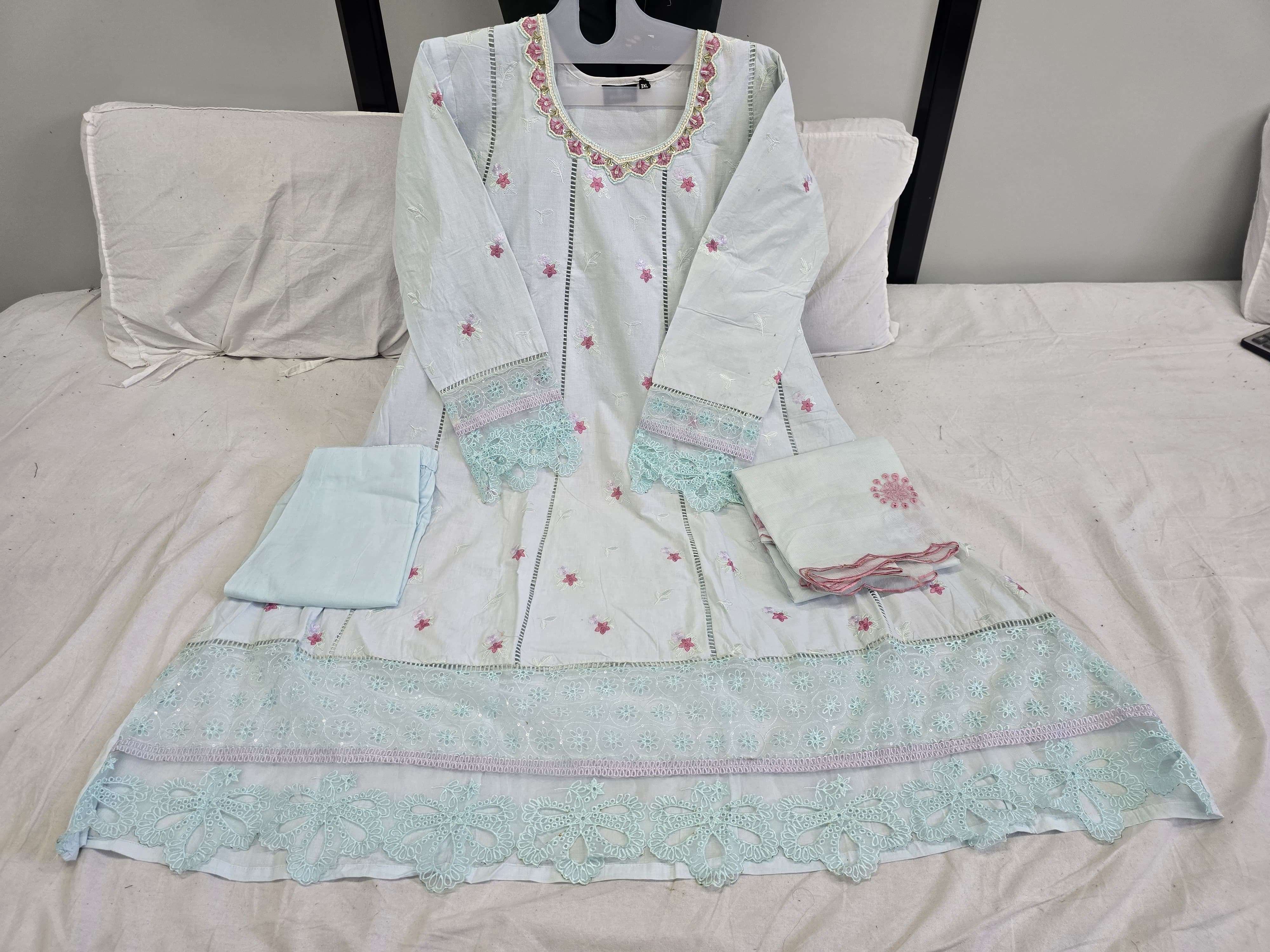 SHRADDHA DESIGNER PURE COTTON KHATLI WORK EMBROIDERED READYMADE ANARKALI DRESS